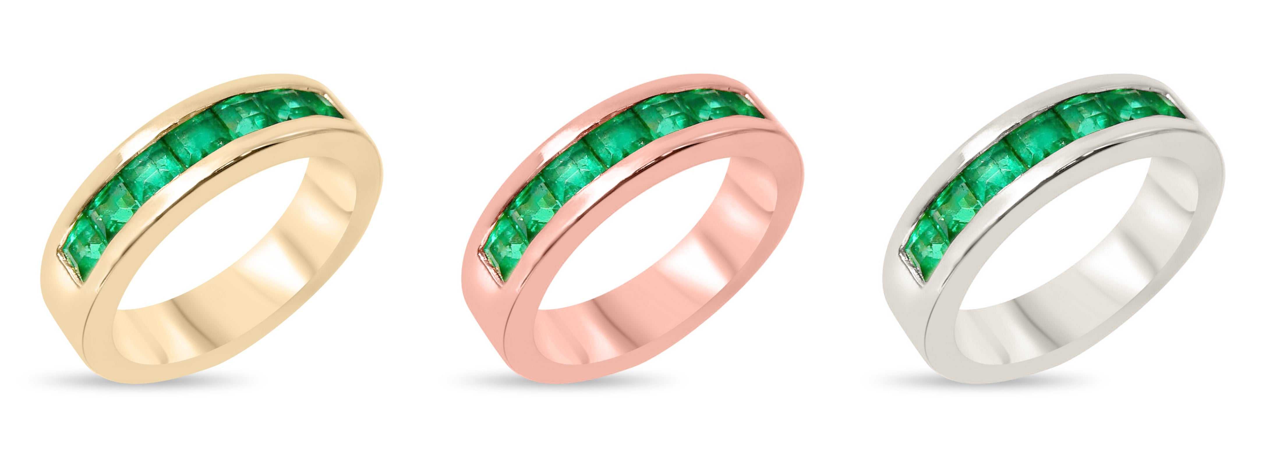 14K gold band ring featuring 1.40tcw natural vivid green emeralds for men by JR Colombian Emeralds.