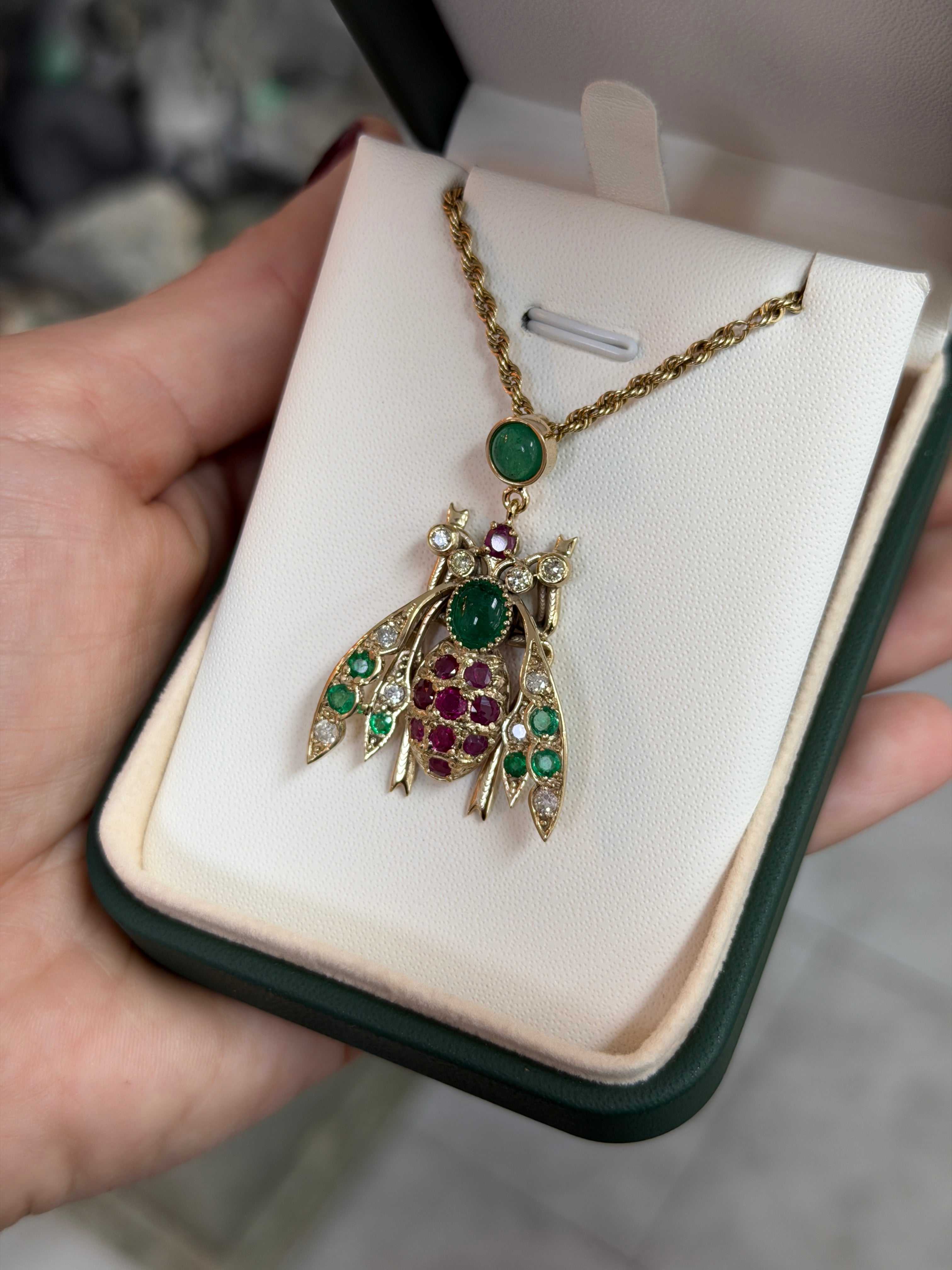4.14tcw Emerald Ruby Diamond Bug Bee Insect Pendant 14K - JR Colombian Emeralds