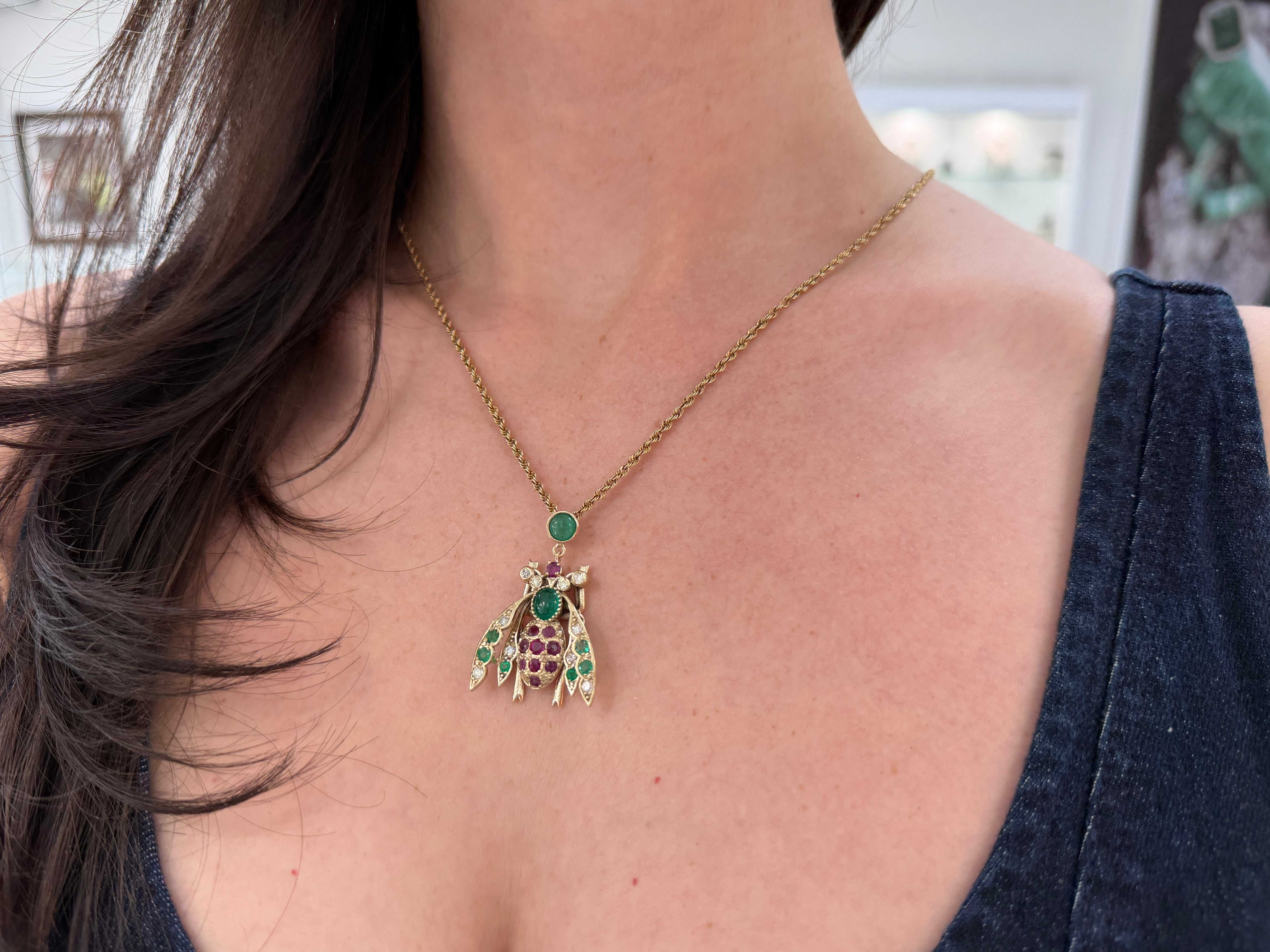 4.14tcw Emerald Ruby Diamond Bug Bee Insect Pendant 14K - JR Colombian Emeralds