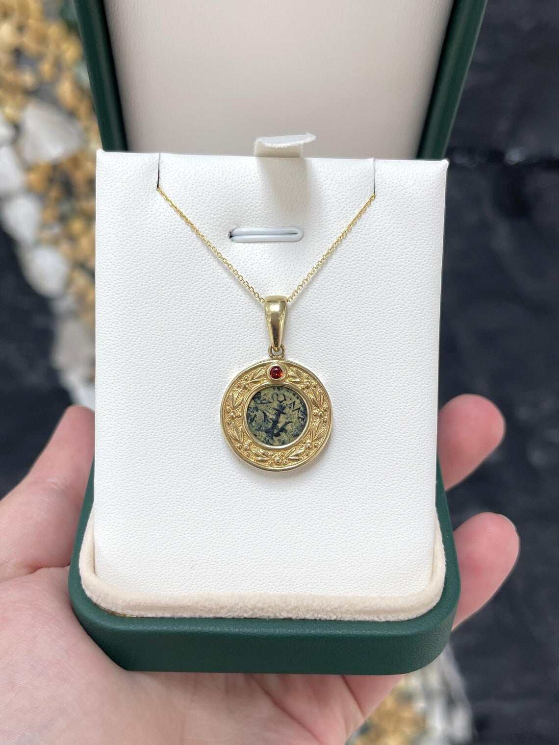 Natural 2.00ct round orange sapphire pendant on ancient coin necklace by JR Colombian Emeralds, jewelry with vibrant gemstone and antique design.