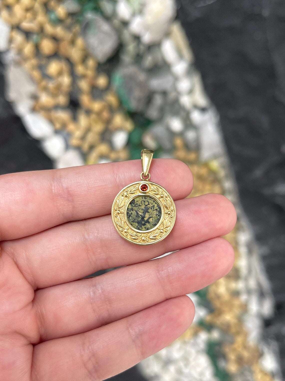 Natural 2.00ct round orange sapphire pendant necklace with ancient coin design by JR Colombian Emeralds.