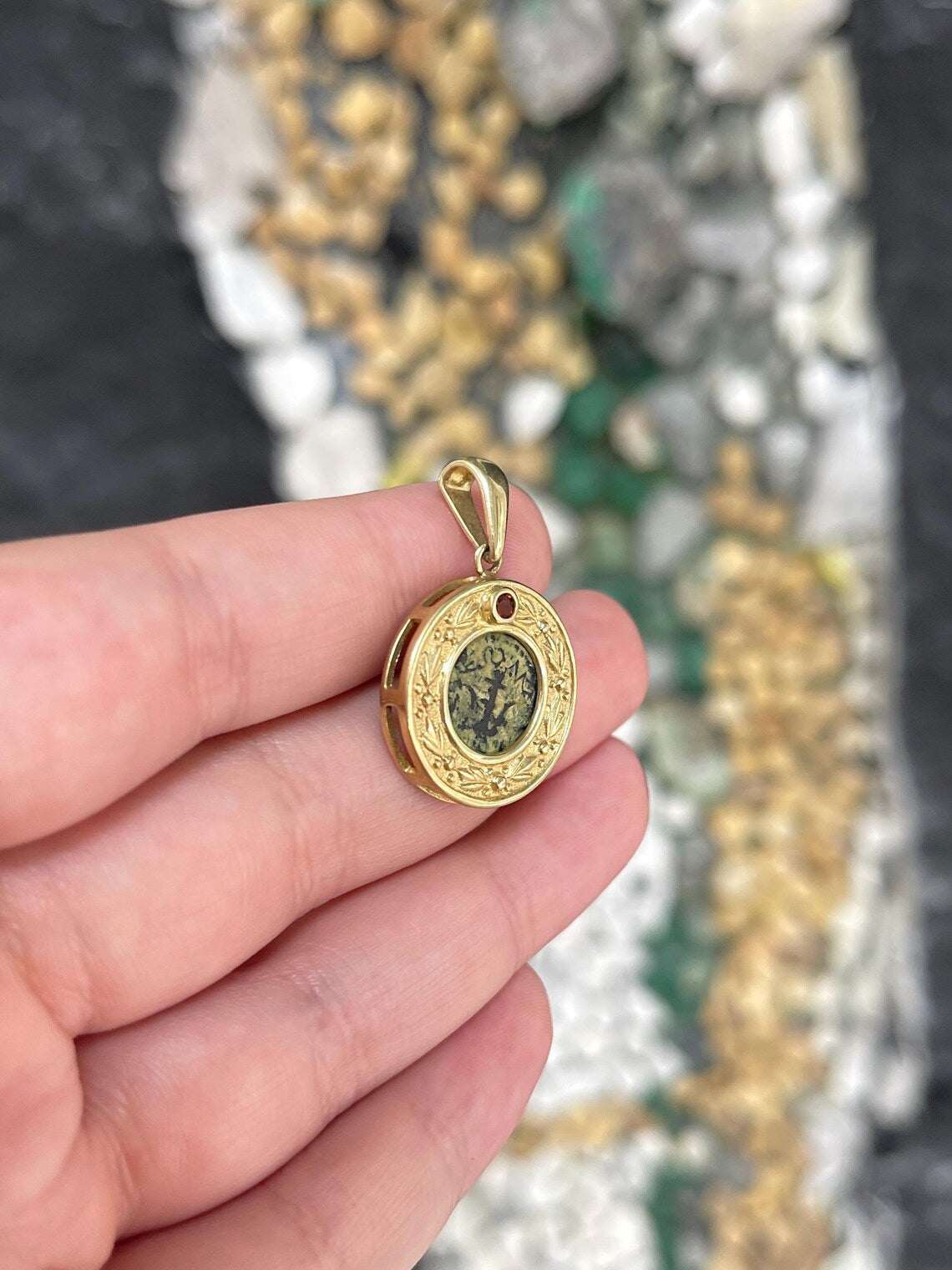 Natural 2.00ct round orange sapphire pendant necklace with ancient coin design by JR Colombian Emeralds, elegant jewelry piece