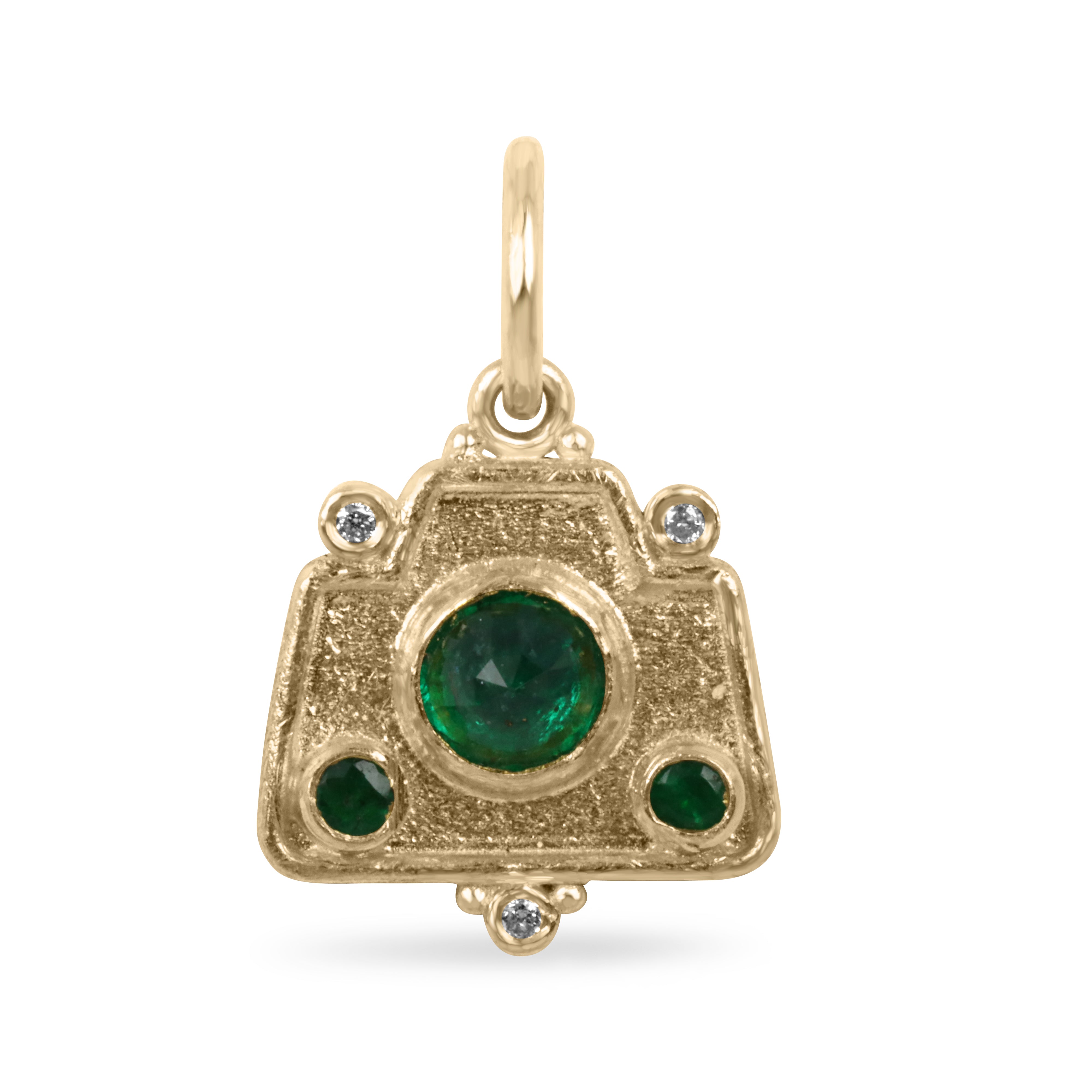 0.68tcw 24K Gold Emerald & Diamond Camera Charm Pendant - JR Colombian Emeralds