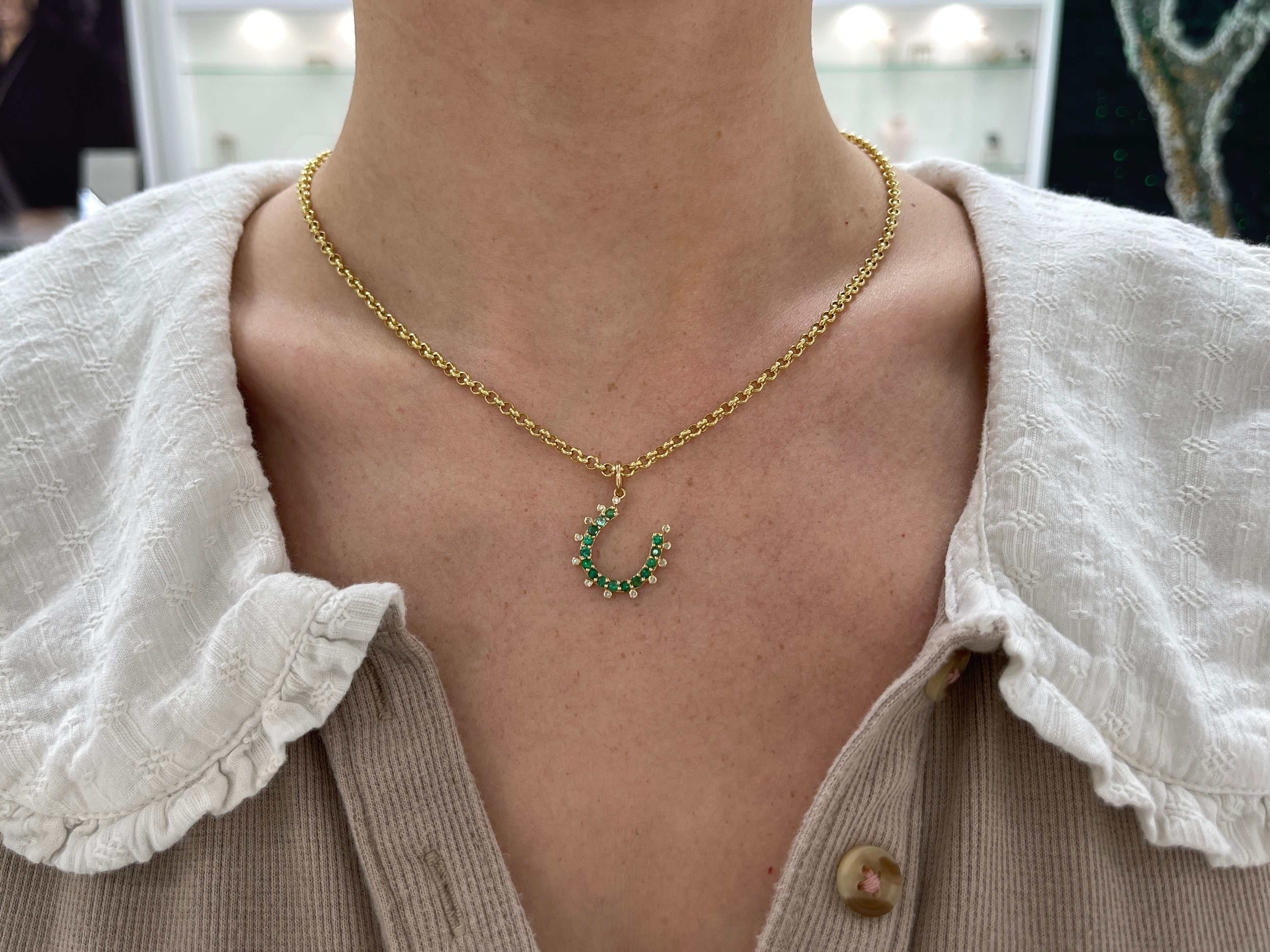 14K Gold Emerald & Diamond Horseshoe Pendant - JR Colombian Emeralds