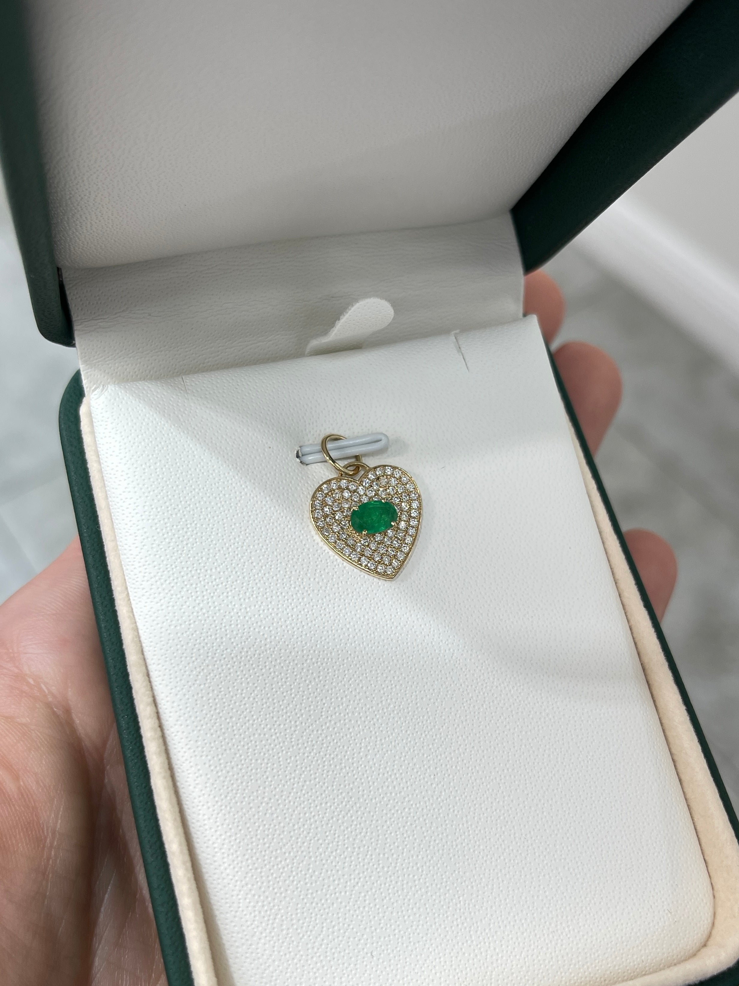 1.0tcw 14K Emerald & Diamond Pave Heart Cluster Pendant Charm - JR Colombian Emeralds