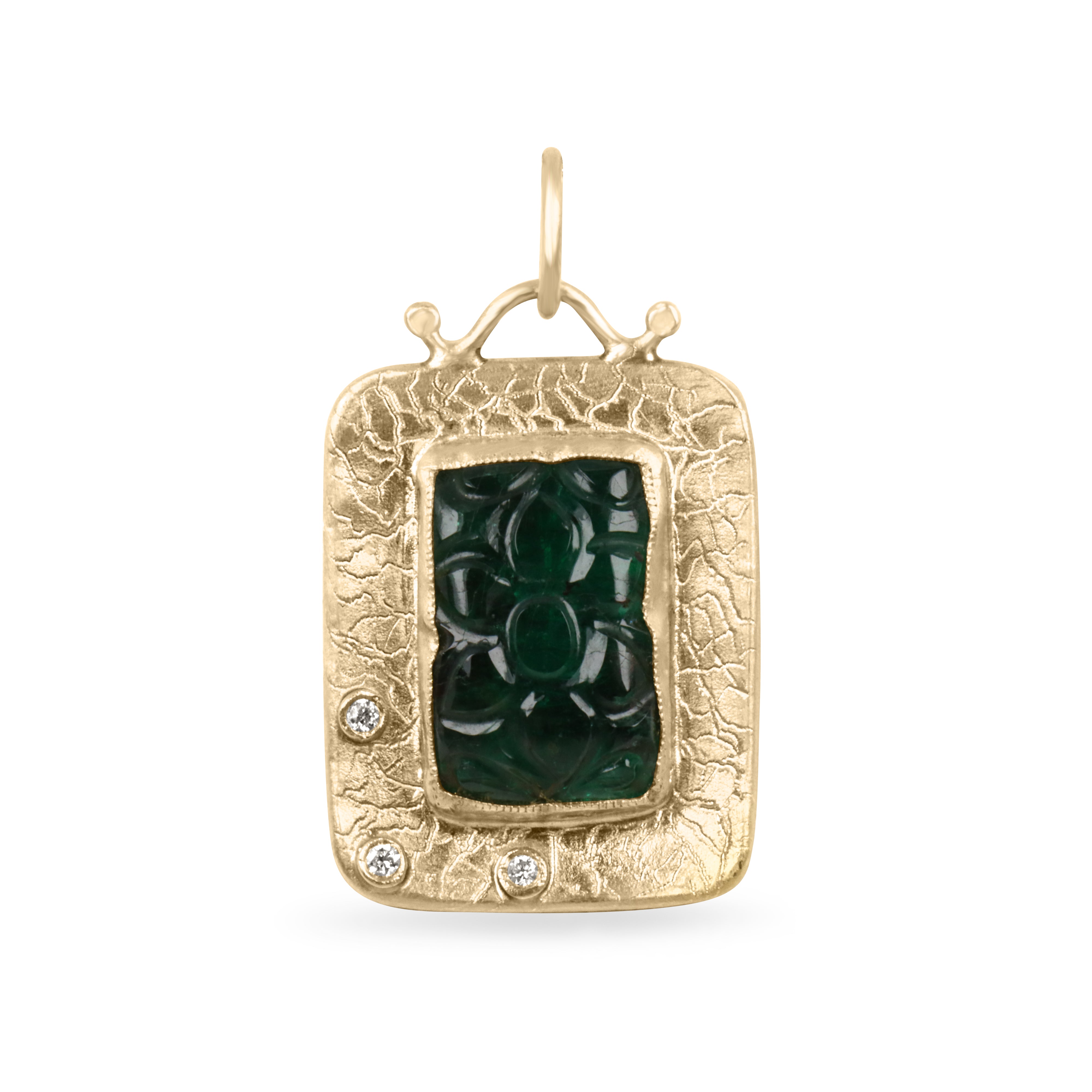 Floral hand-carved emerald and diamond pendant in 24K gold by JR Colombian Emeralds, showcasing intricate design and vibrant colors.