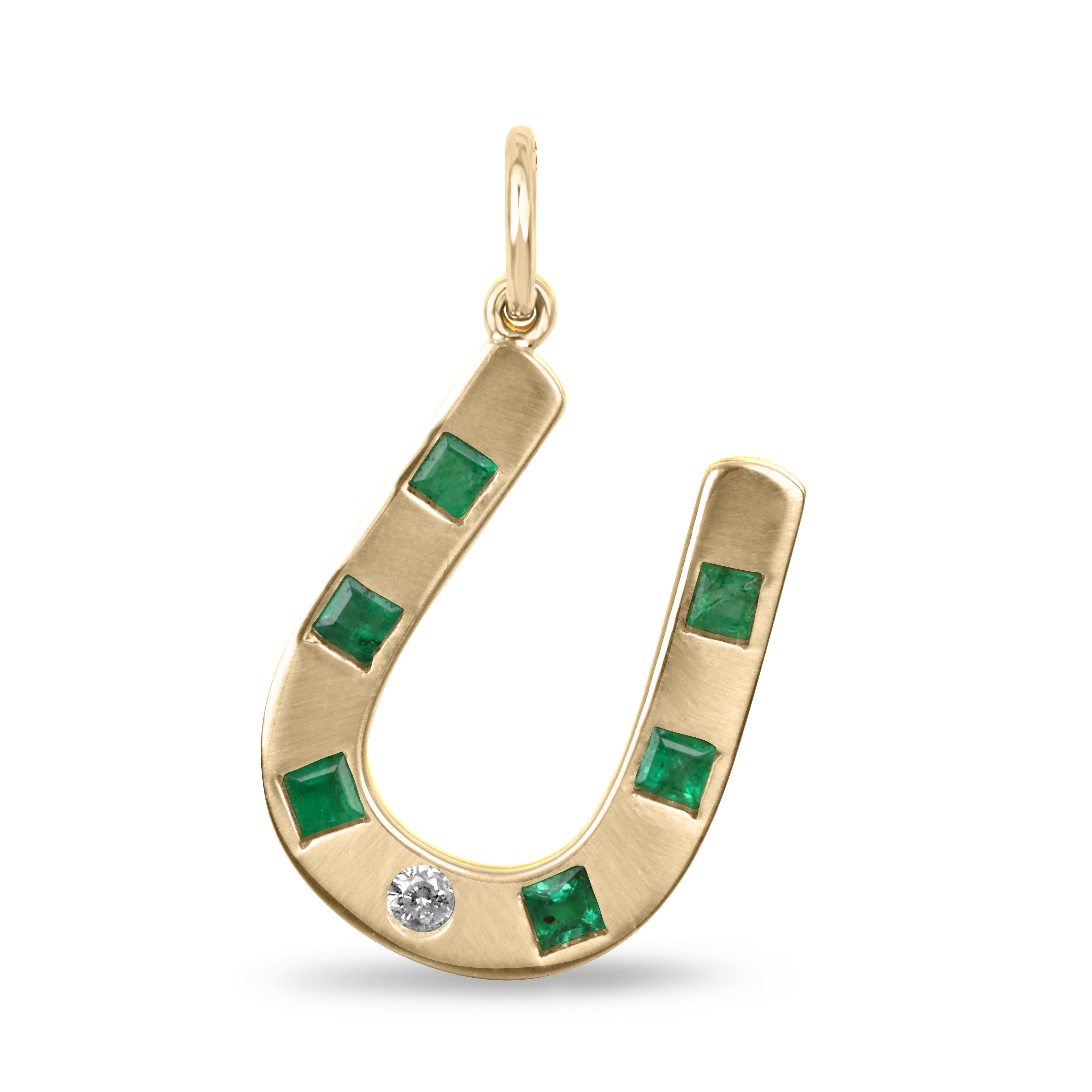 0.66tcw Brushed Gold Emerald & Diamond Horseshoe Pendant 14K