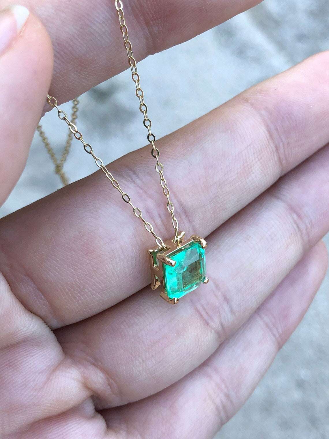 1.35 Carat Solitaire Emerald Four Prong Slider Necklace 14K