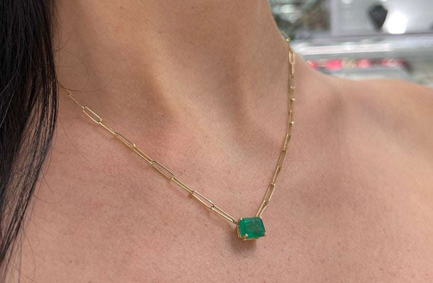 3.25 Carat East to West Rich Deep Green Emerald Paper Clip Gold Emerald Necklace 14K - JR Colombian Emeralds