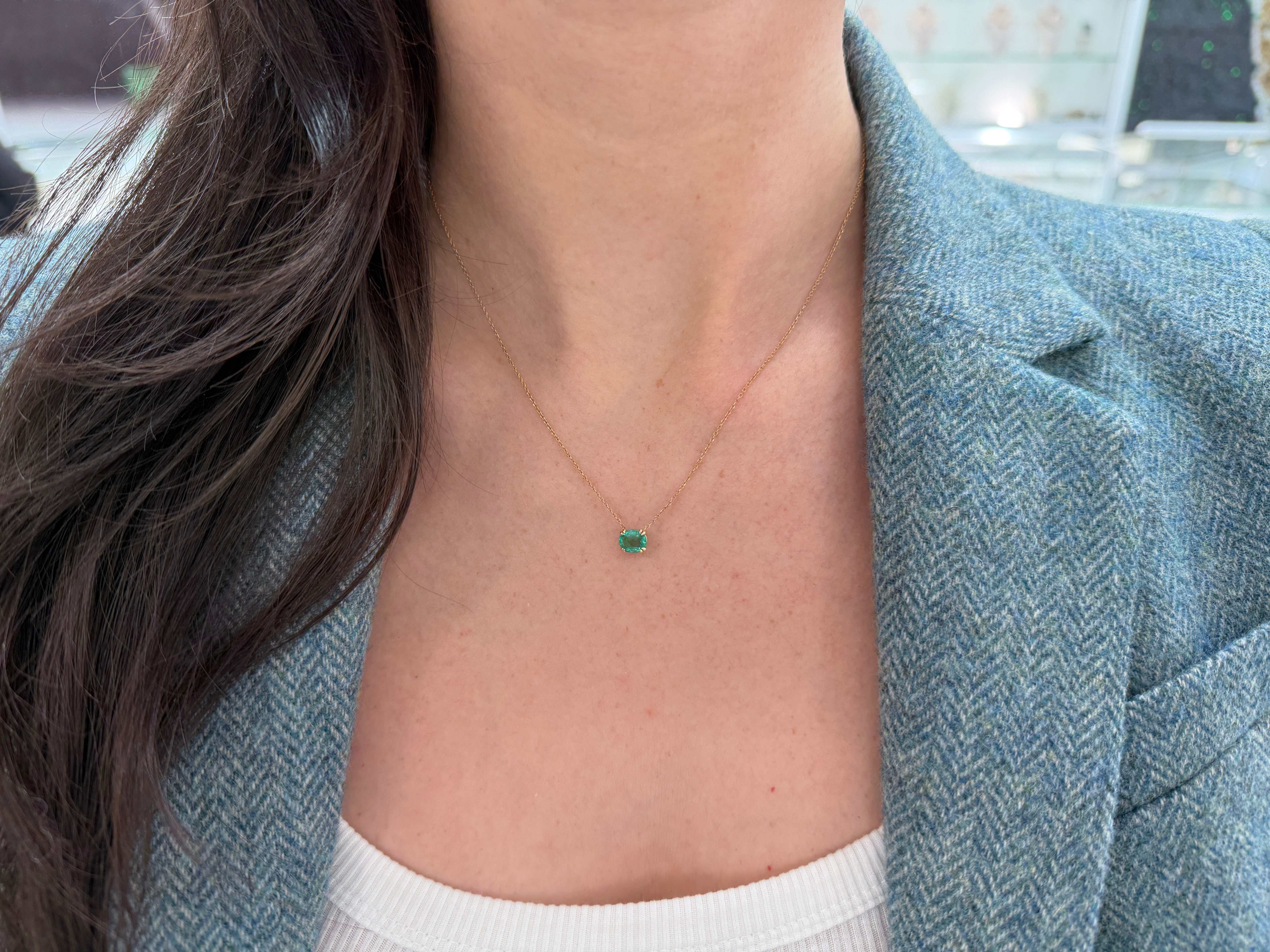 1.0 Carat East To West Transparent Clarity Zambian Emerald Necklace 14K - JR Colombian Emeralds