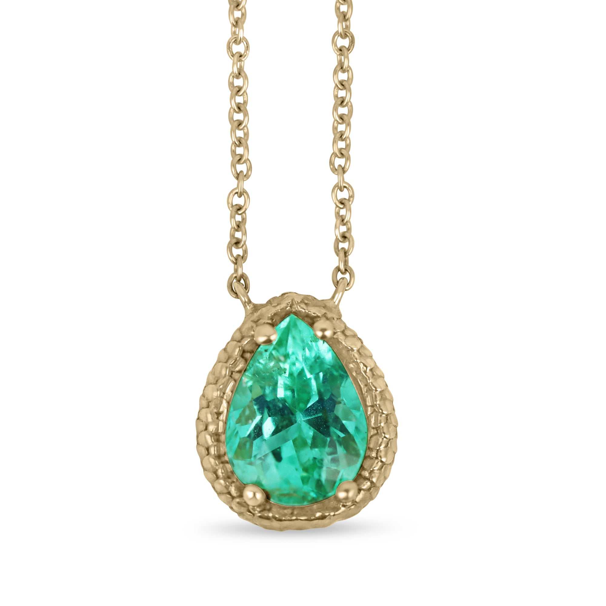 1.55ct Pear Cut Colombian Emerald Reptile Prong Solitaire Necklace 14K