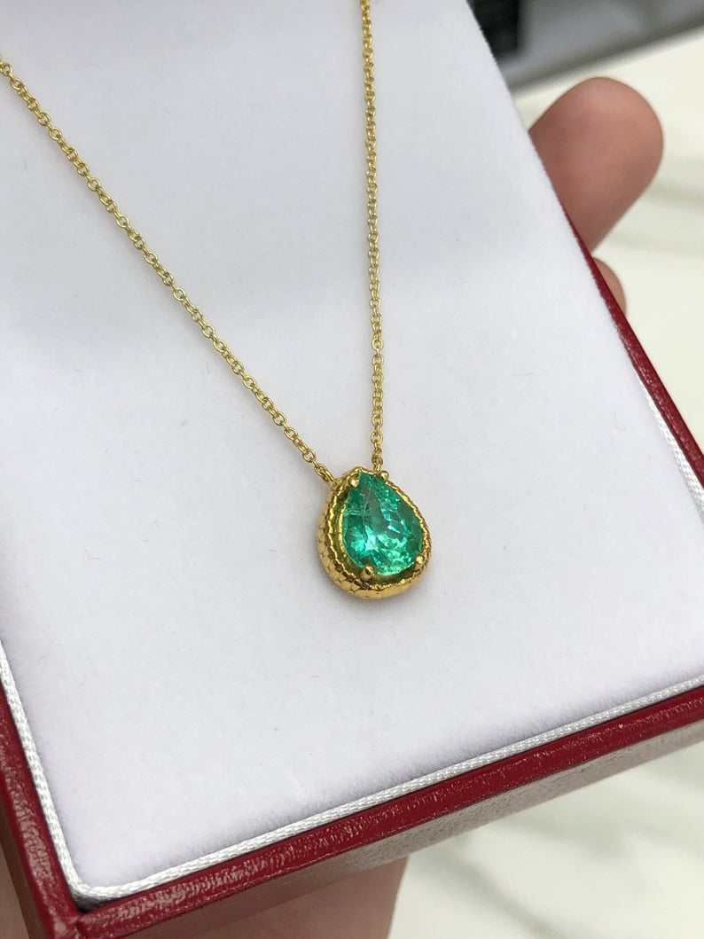 1.55ct Pear Cut Colombian Emerald Reptile Prong Solitaire Necklace 14K