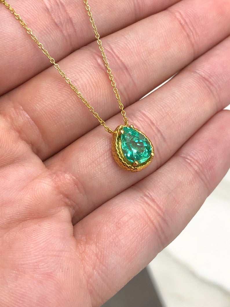 1.55ct Pear Cut Colombian Emerald Reptile Prong Solitaire Necklace 14K