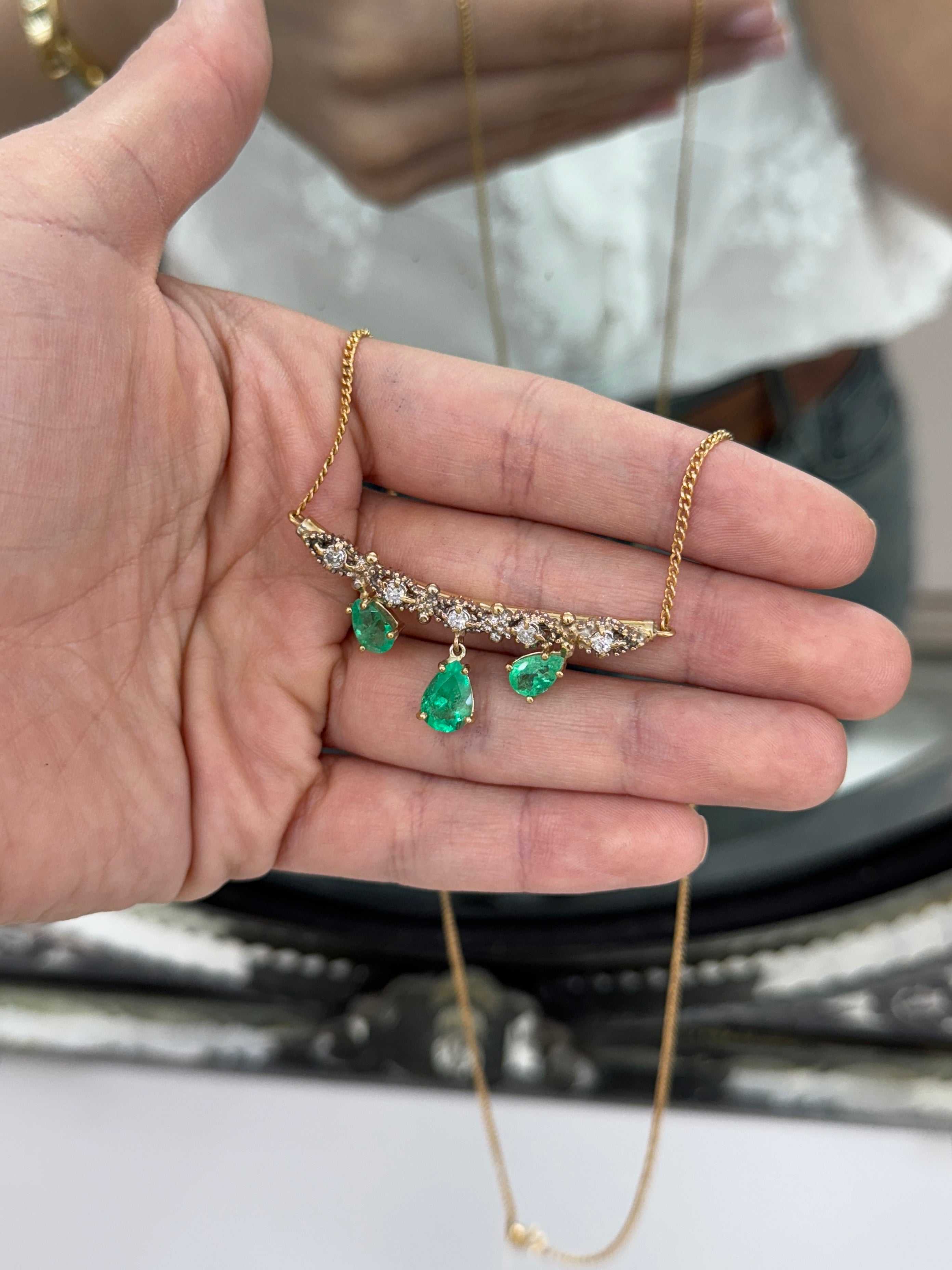 6.70tcw Bib Vintage Emerald Pear & Diamond Necklace 14K