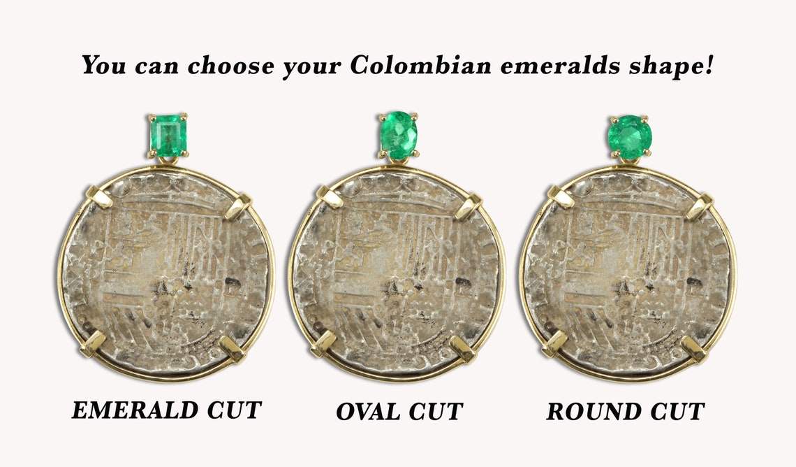 Unisex 1.10 carat Shipwreck Atocha medallion pendant with yellow gold and silver, featuring an emerald-cut design and JR Colombian Emeralds branding.