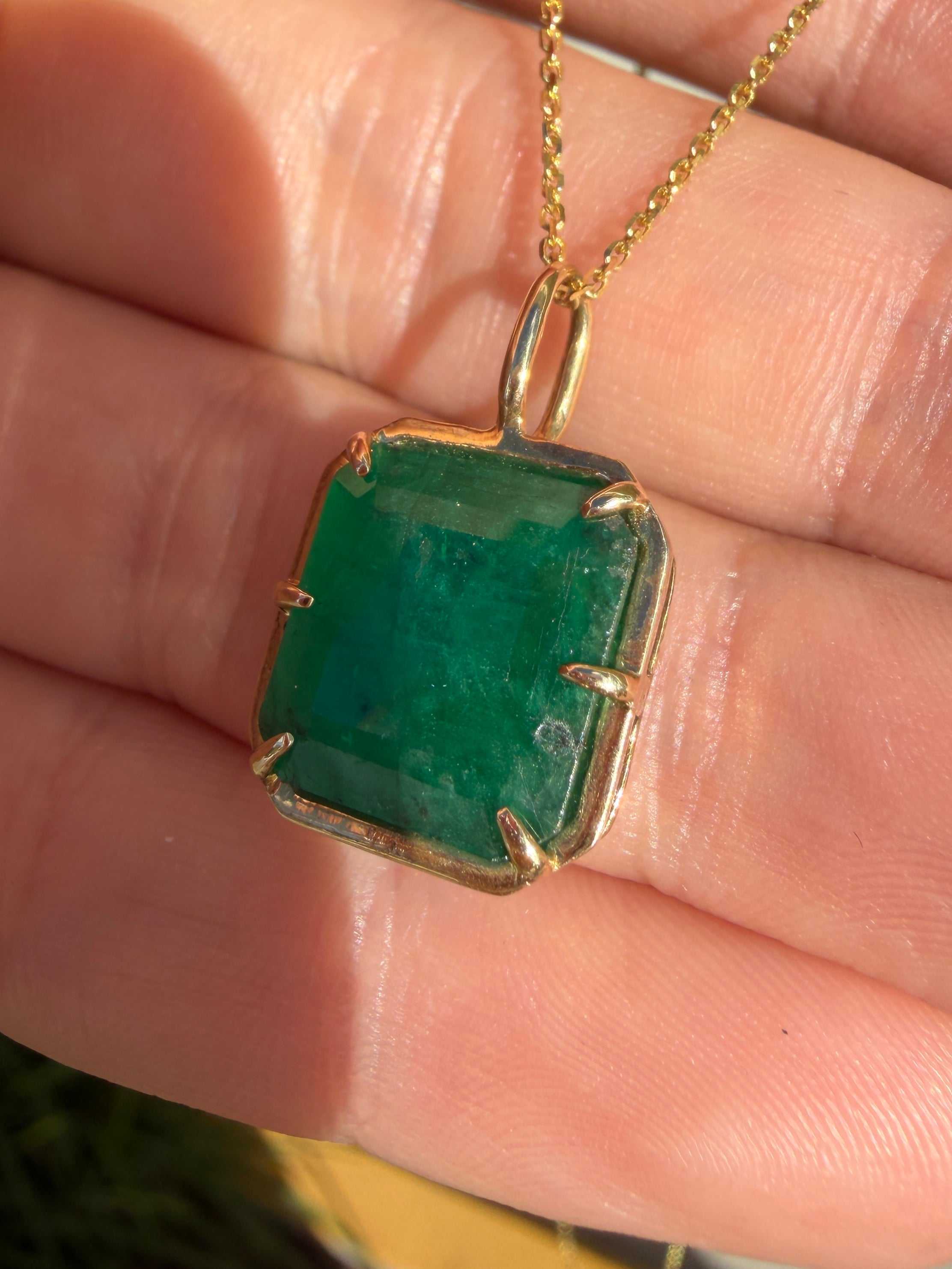 6.30 Carat Natural Dark Green Emerald Georgian Styled Solitaire Pendant 14K- Emerald Touches Skin - JR Colombian Emeralds