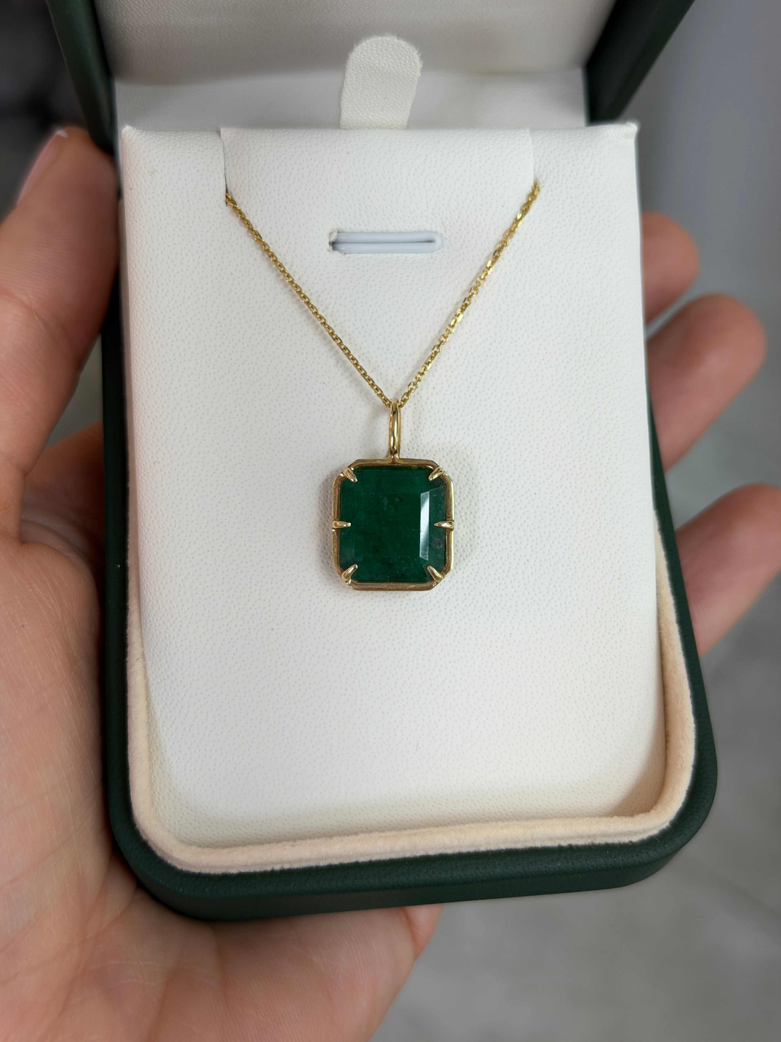 6.30 Carat Natural Dark Green Emerald Georgian Styled Solitaire Pendant 14K- Emerald Touches Skin - JR Colombian Emeralds