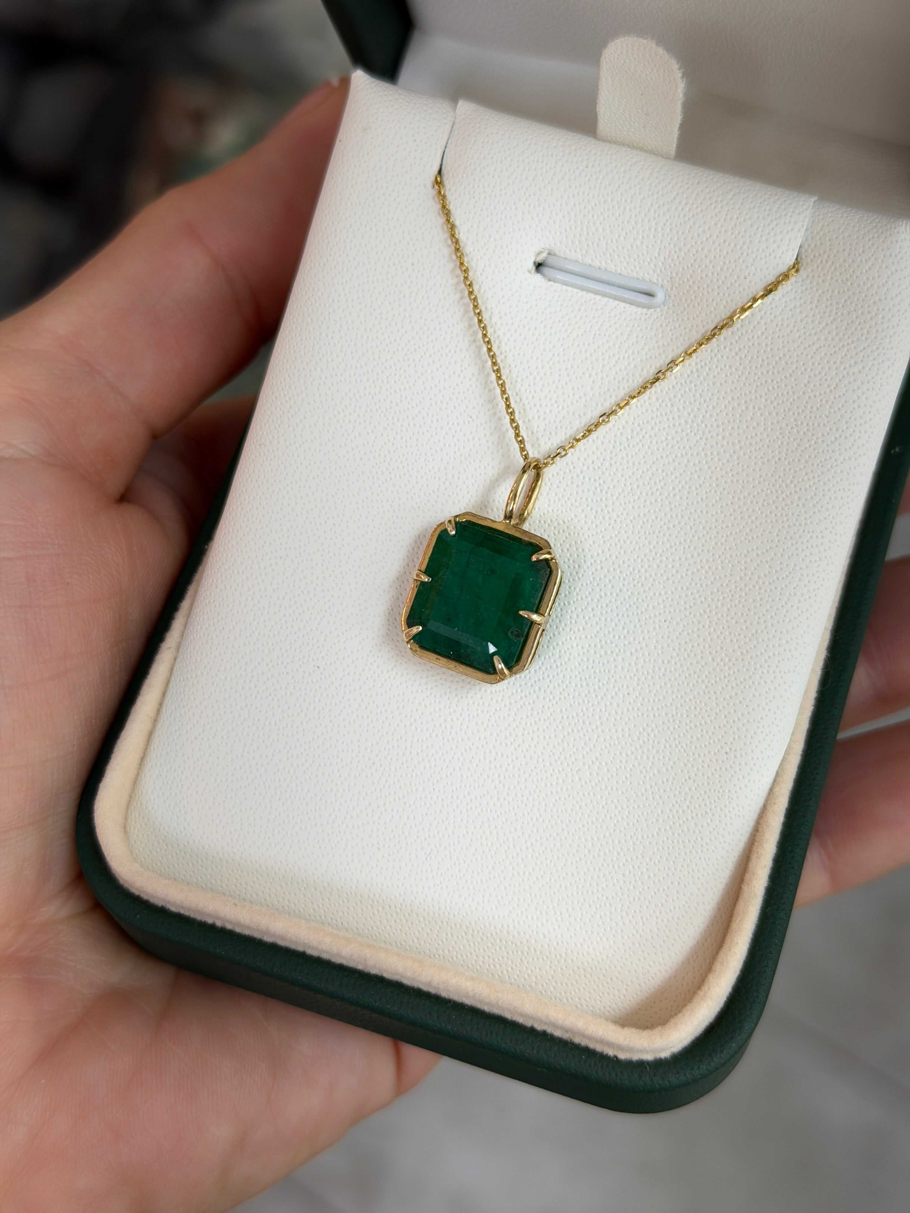 6.30 Carat Natural Dark Green Emerald Georgian Styled Solitaire Pendant 14K- Emerald Touches Skin - JR Colombian Emeralds