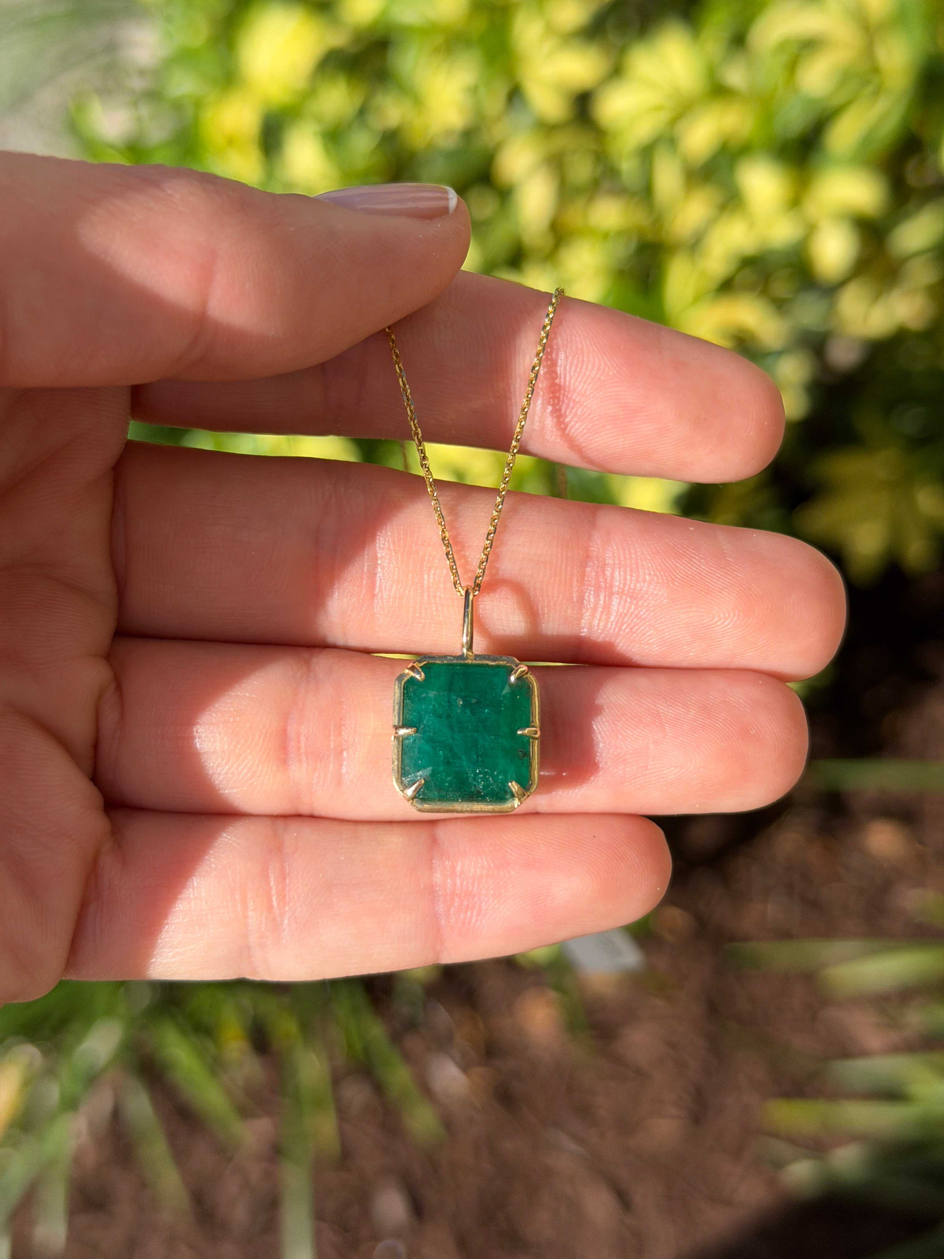 6.30 Carat Natural Dark Green Emerald Georgian Styled Solitaire Pendant 14K- Emerald Touches Skin - JR Colombian Emeralds