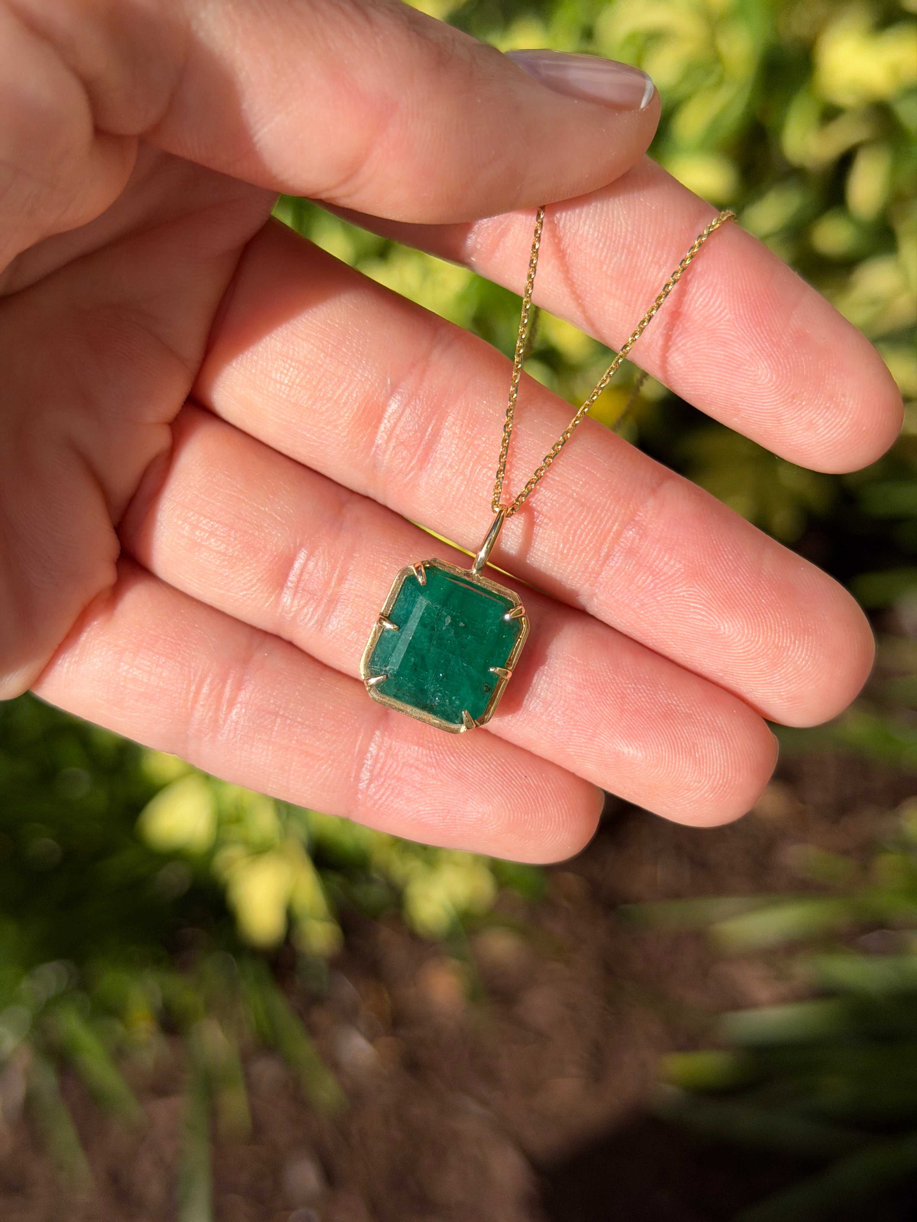 6.30 Carat Natural Dark Green Emerald Georgian Styled Solitaire Pendant 14K- Emerald Touches Skin - JR Colombian Emeralds