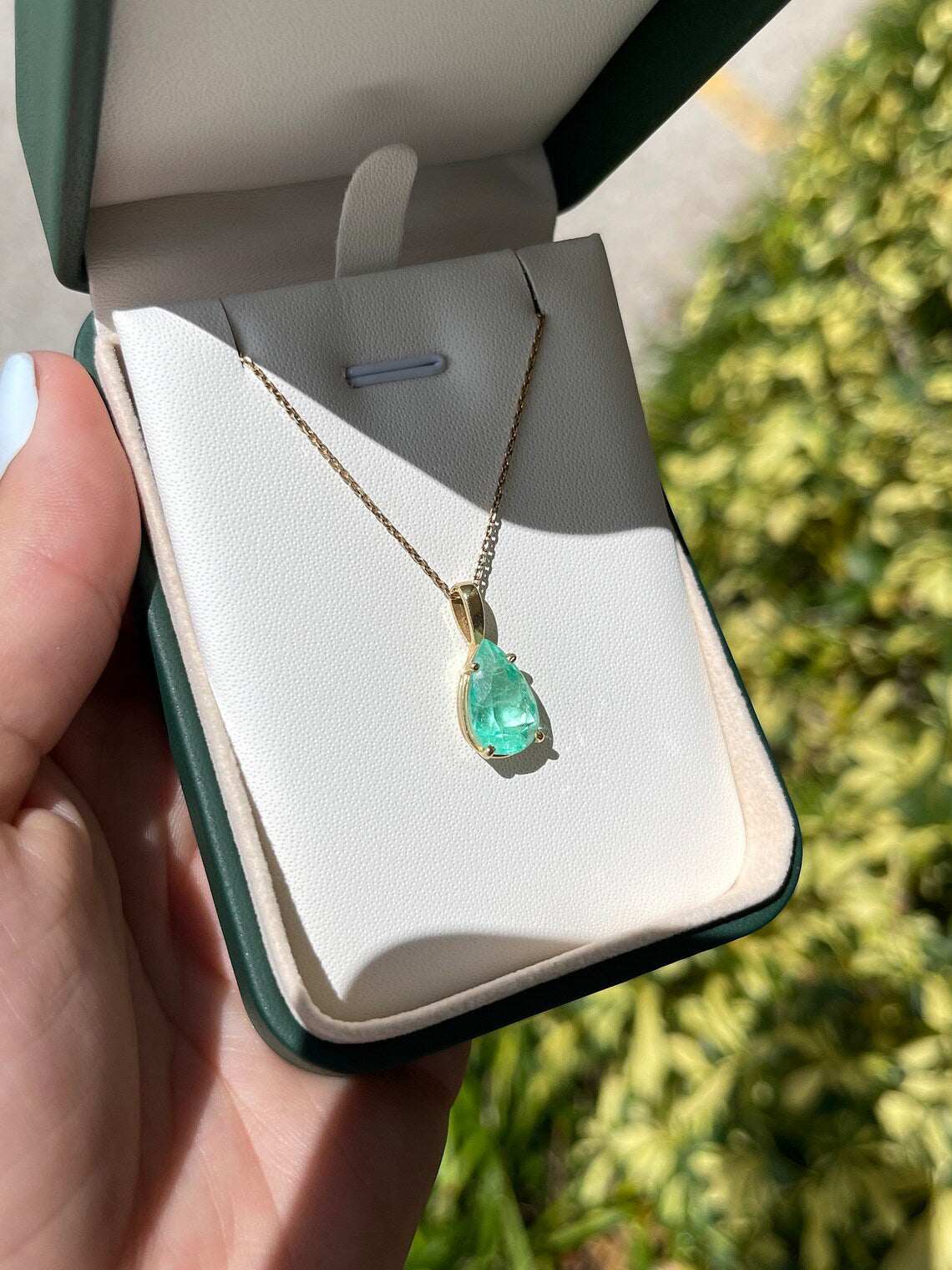 4.54 Carat Tear Drop Medium Green Colombian Emerald Solitaire Prong Necklace 14K