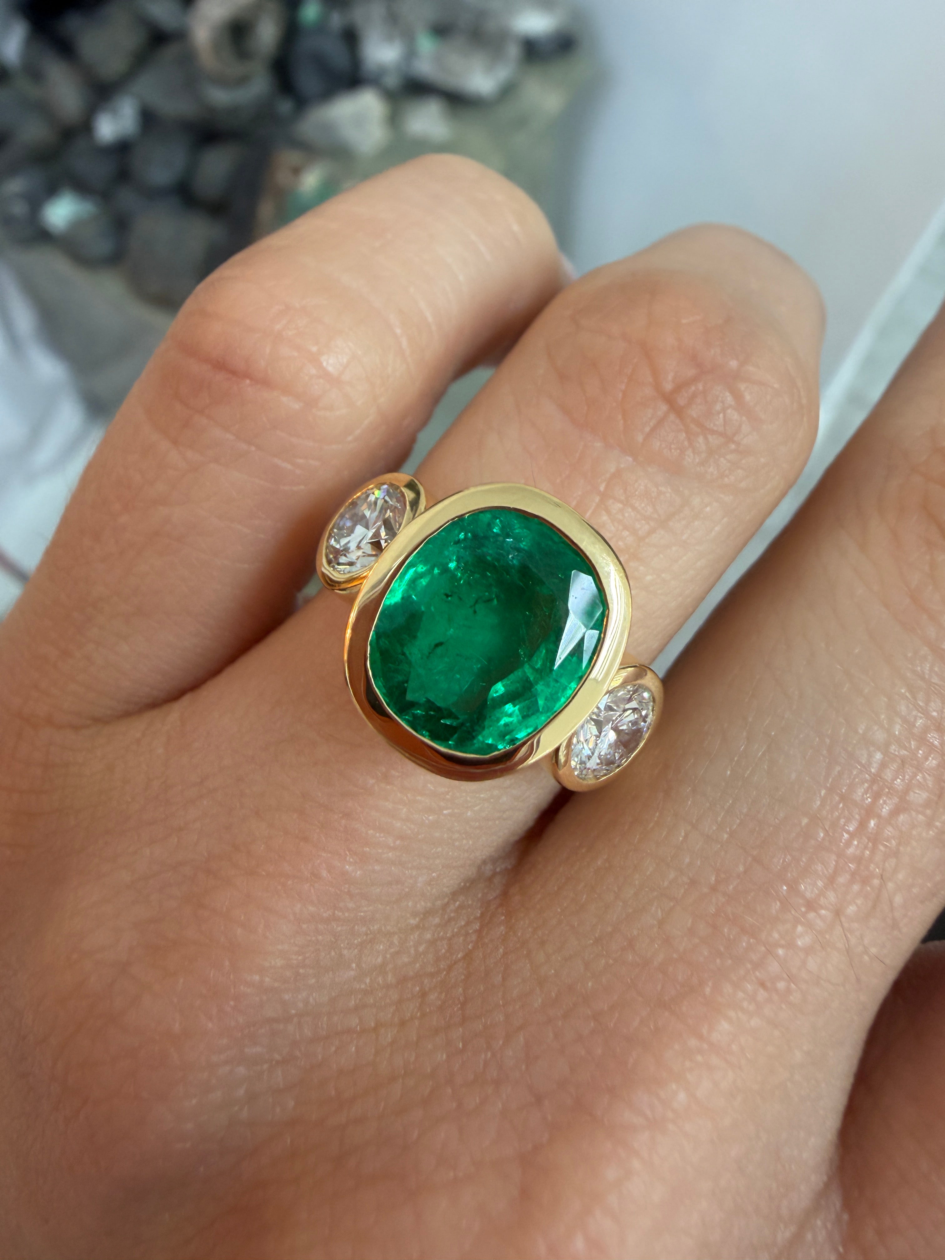 7.33tcw 18K Exclusive Cushion Colombian Emerald & Brilliant Round Diamond Three Stone Ring - JR Colombian Emeralds