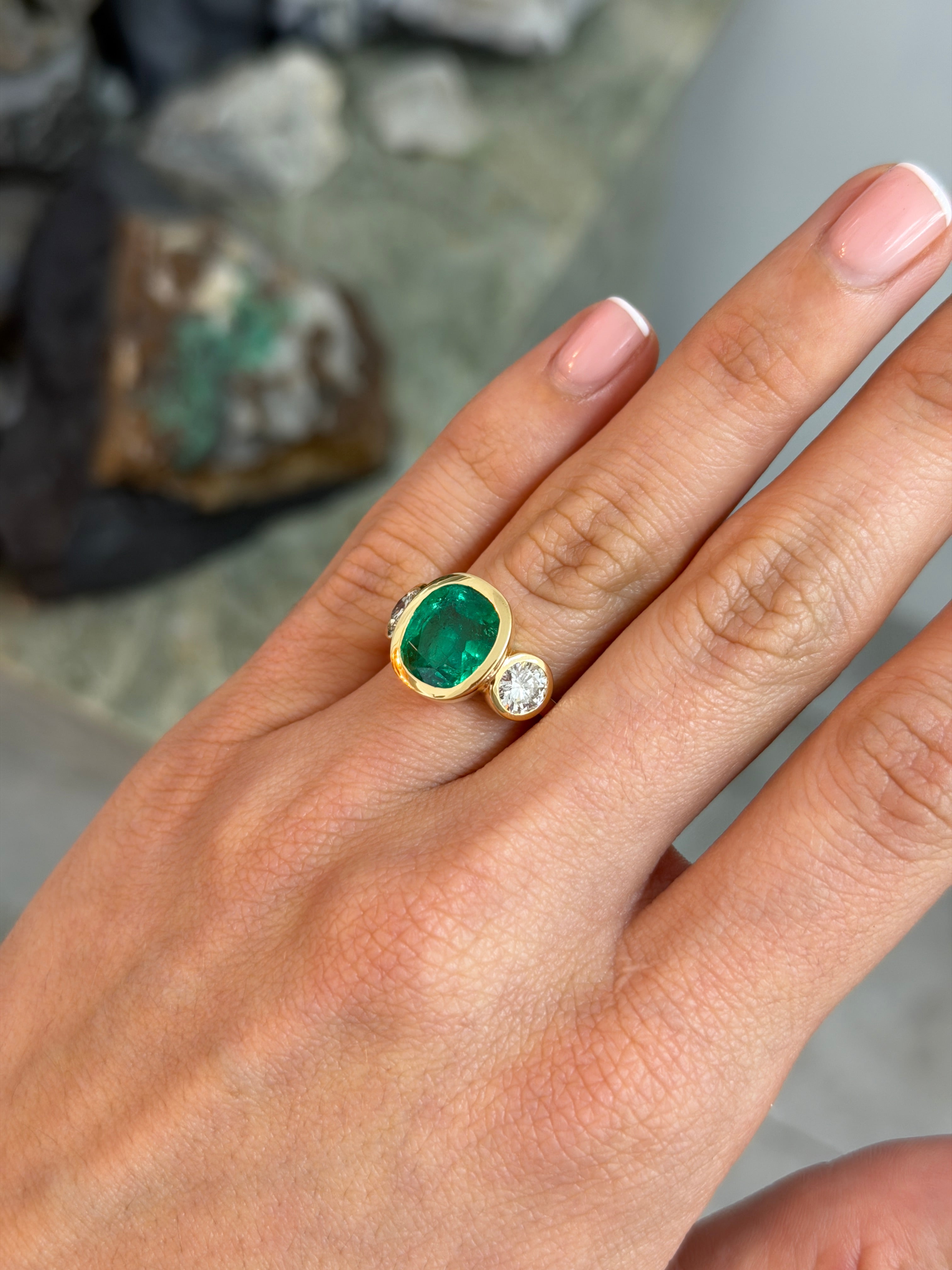 7.33tcw 18K Exclusive Cushion Colombian Emerald & Brilliant Round Diamond Three Stone Ring - JR Colombian Emeralds