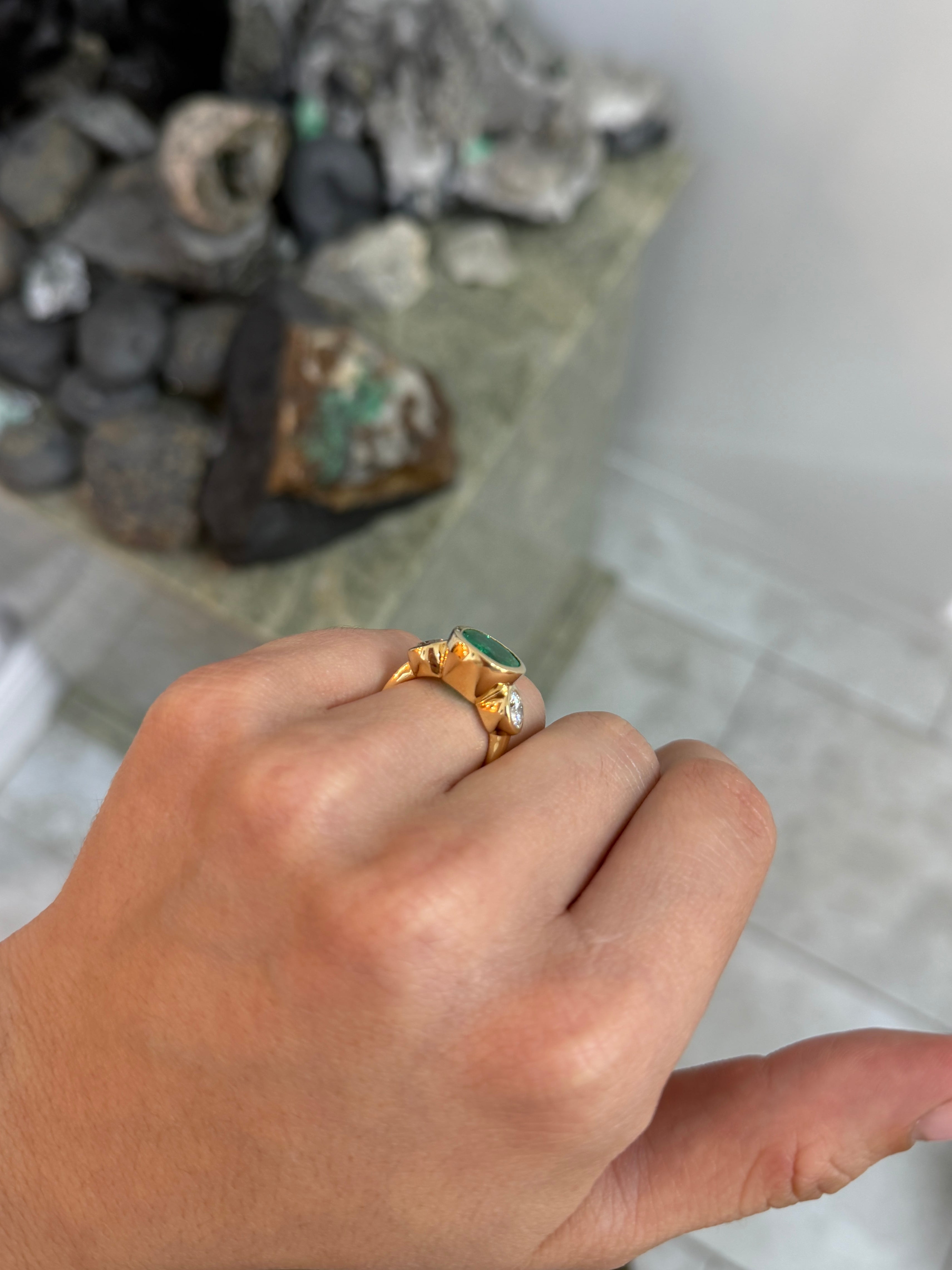 7.33tcw 18K Exclusive Cushion Colombian Emerald & Brilliant Round Diamond Three Stone Ring - JR Colombian Emeralds