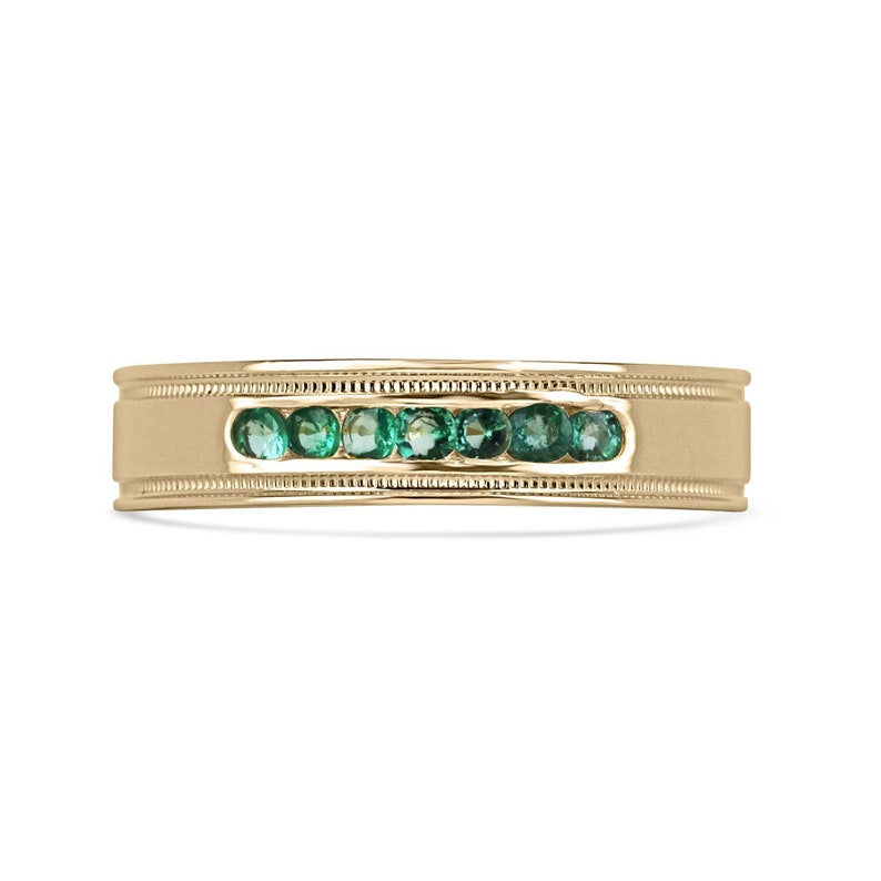 Medium green round cut men's emerald ring in 14K gold, unisex band with 0.40 tcw from JR Colombian Emeralds.
