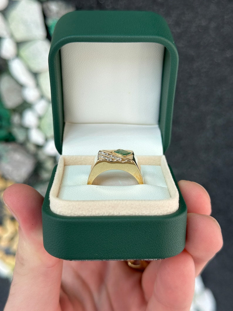 14K gold men's signet ring with lush green round cut emerald and diamond accents, crafted by JR Colombian Emeralds.