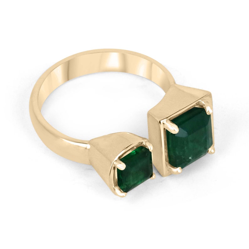 14K gold Toi Et Moi ring with two dark forest green Asscher cut natural emeralds, 3.80tcw, by JR Colombian Emeralds