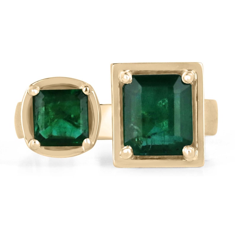 14K gold Toi Et Moi ring with dark forest green Asscher cut natural emeralds, 3.80tcw, by JR Colombian Emeralds.