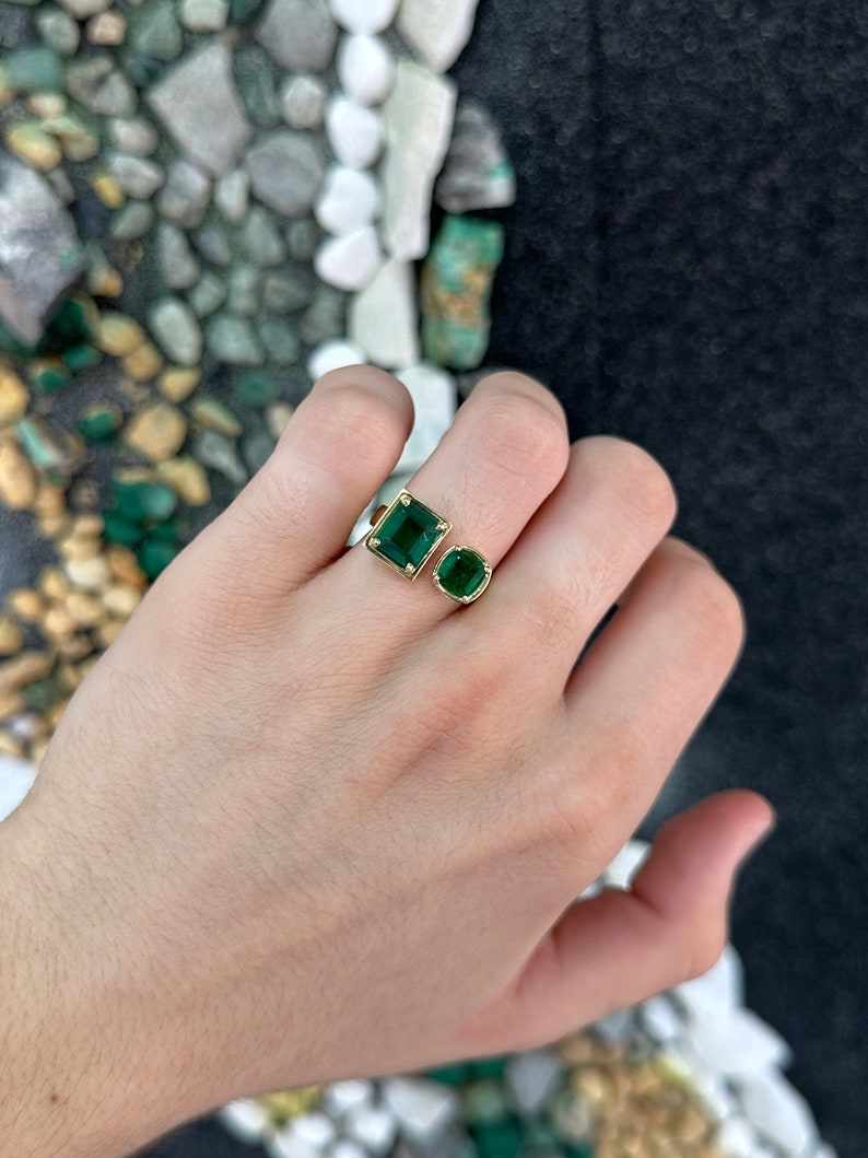 14K gold dark forest green Asscher cut emerald toi et moi ring with 3.80 tcw from JR Colombian Emeralds.