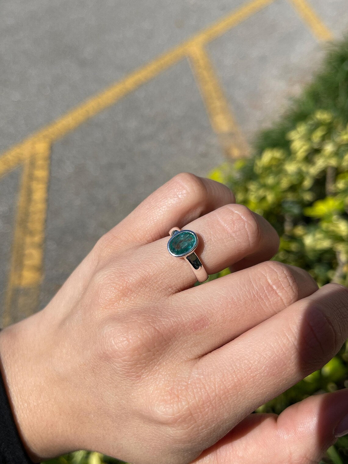 1.30ct Natural Oval Emerald Bezel Set Solitaire Bluish Green Oval Ring