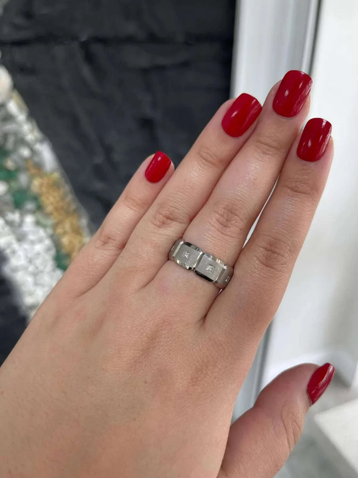 Sterling silver men's wedding band with 0.25ct princess cut palladium diamond, featuring a sleek, modern design from JR Colombian Emeralds