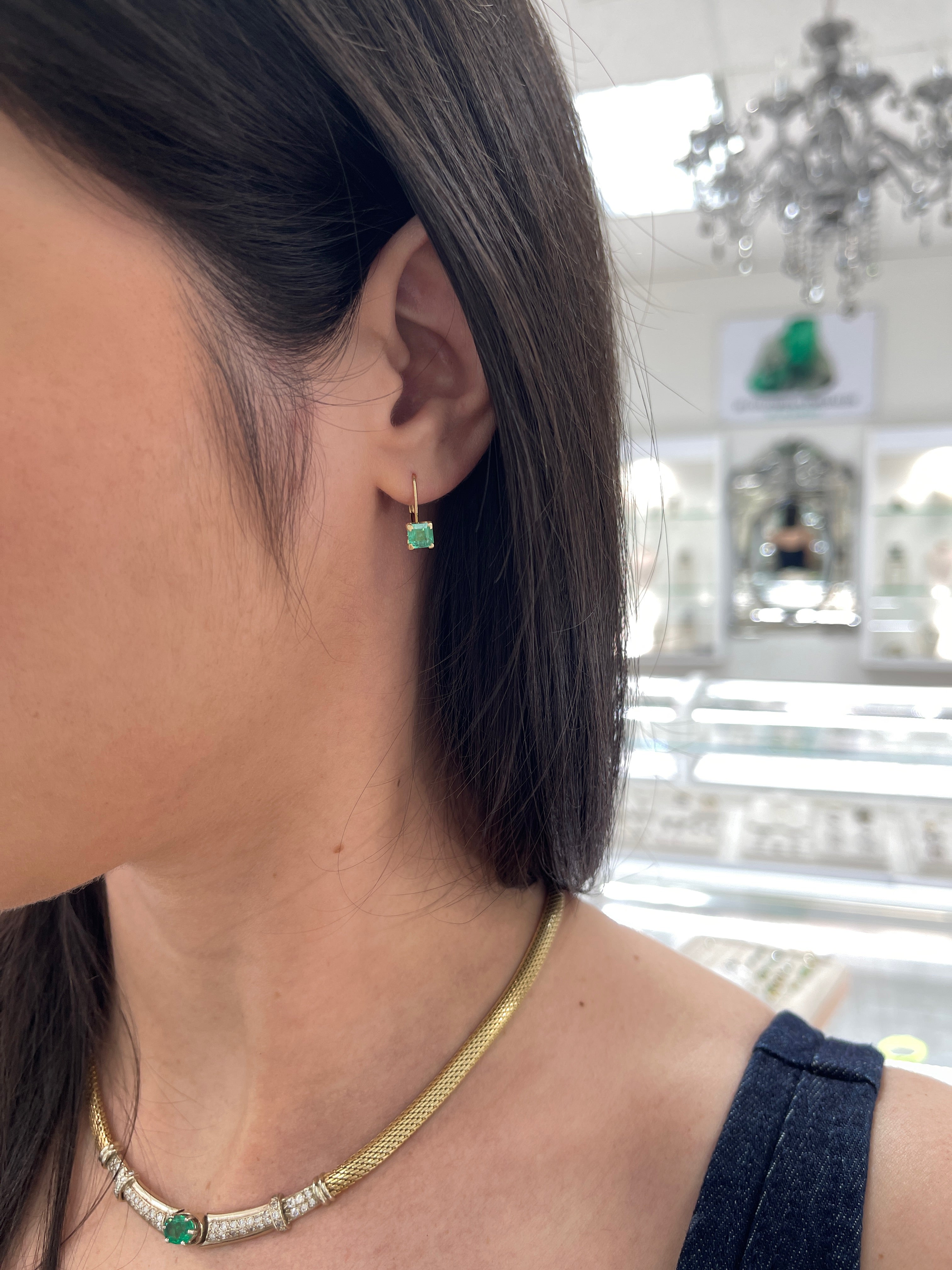 Square emerald leverback earrings with fleur de lis design, 1.44tcw, set in 14K gold by JR Colombian Emeralds.