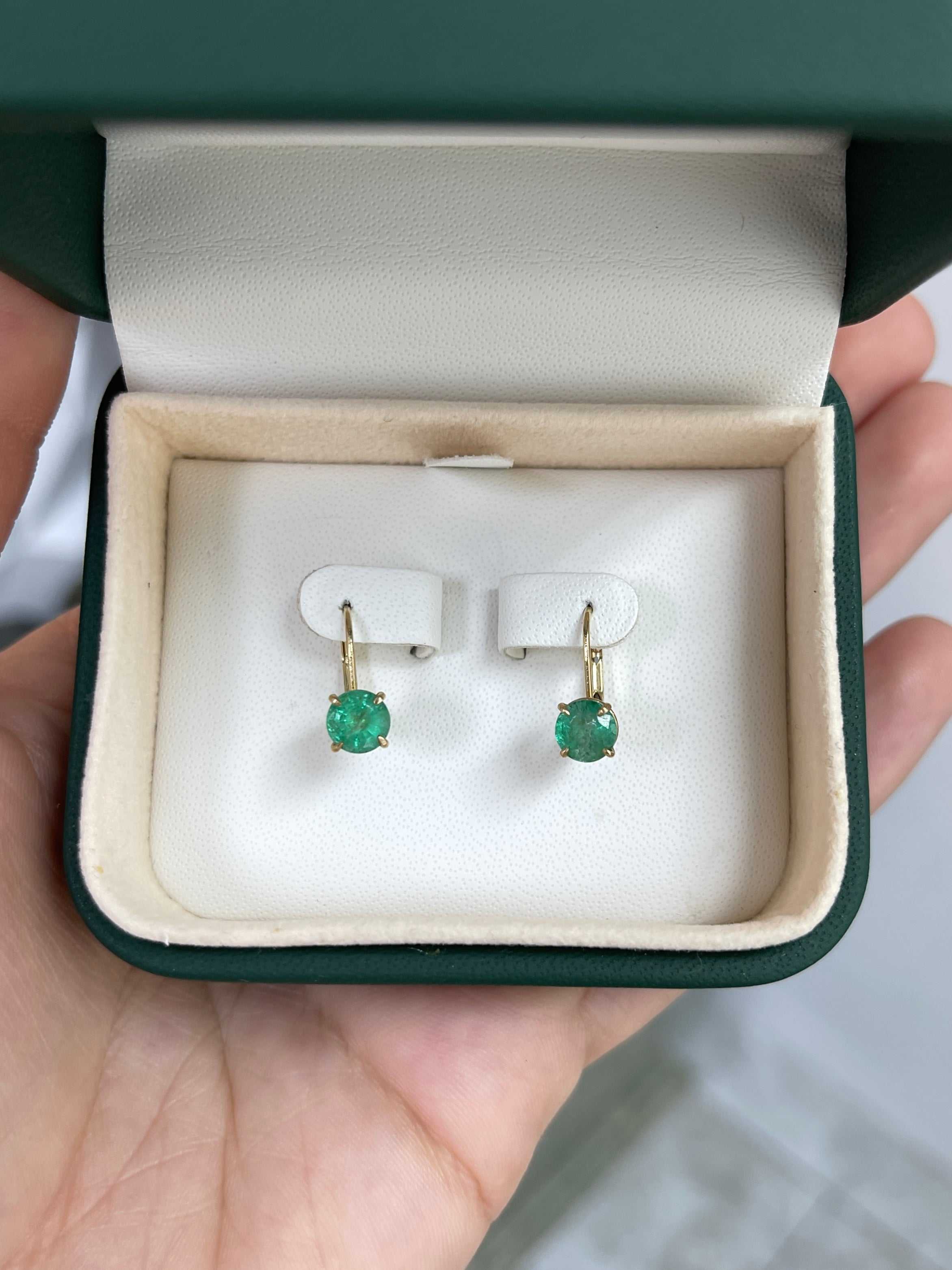 14K yellow gold round emerald lever back earrings with 1.50 carats total weight, featuring vibrant Colombian emeralds from JR Colombian Emeralds