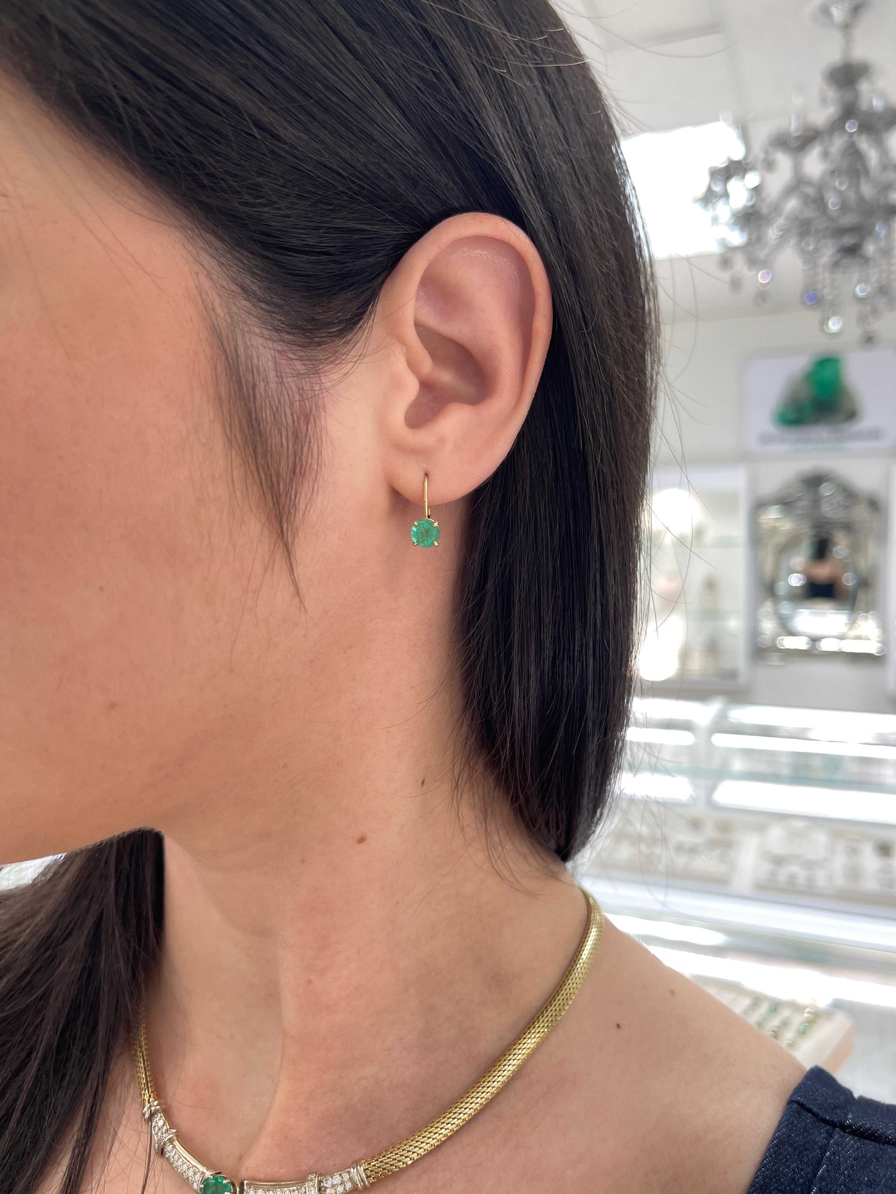 1.50tcw Round Emerald Lever Back Earrings 14K Gold - JR Colombian Emeralds