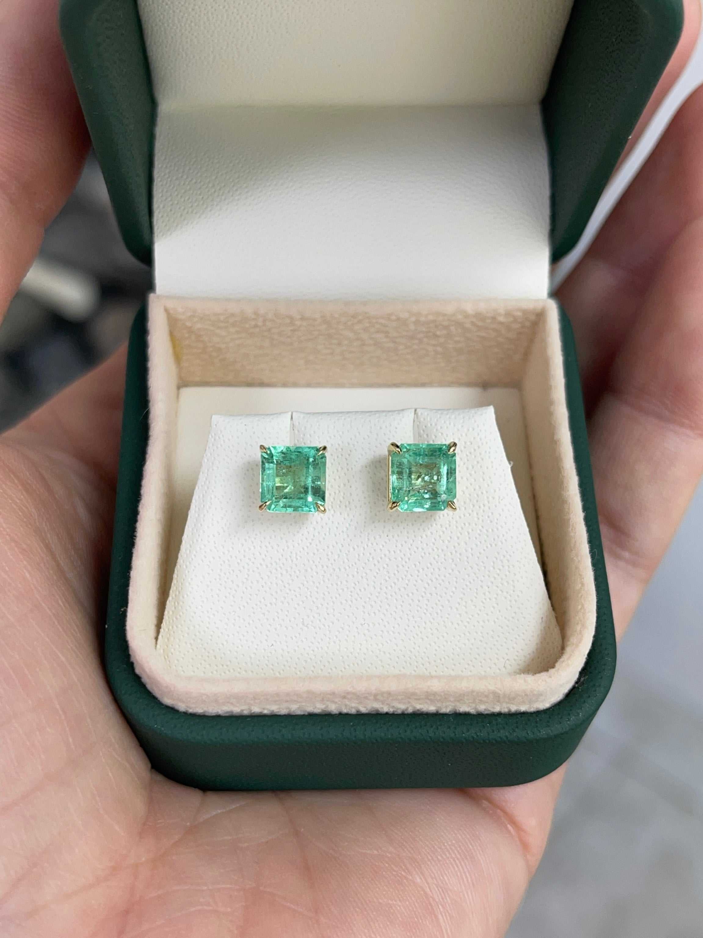 2.53tcw 6.5mm x 6.5mm 14K Colombian Emerald Asscher Cut Solitaire Stud Earring - JR Colombian Emeralds
