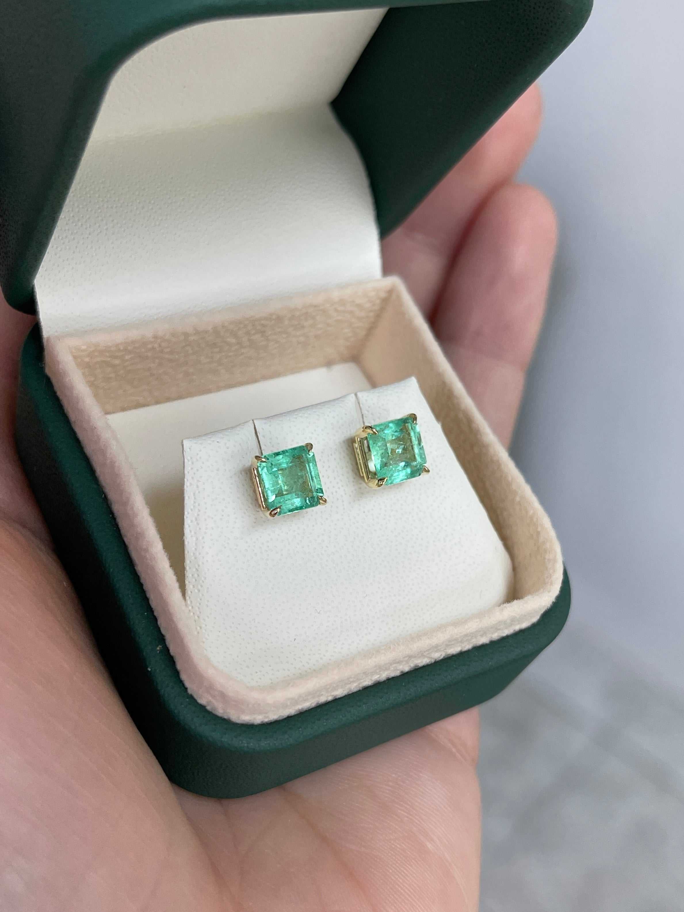 2.53tcw 6.5mm x 6.5mm 14K Colombian Emerald Asscher Cut Solitaire Stud Earring - JR Colombian Emeralds