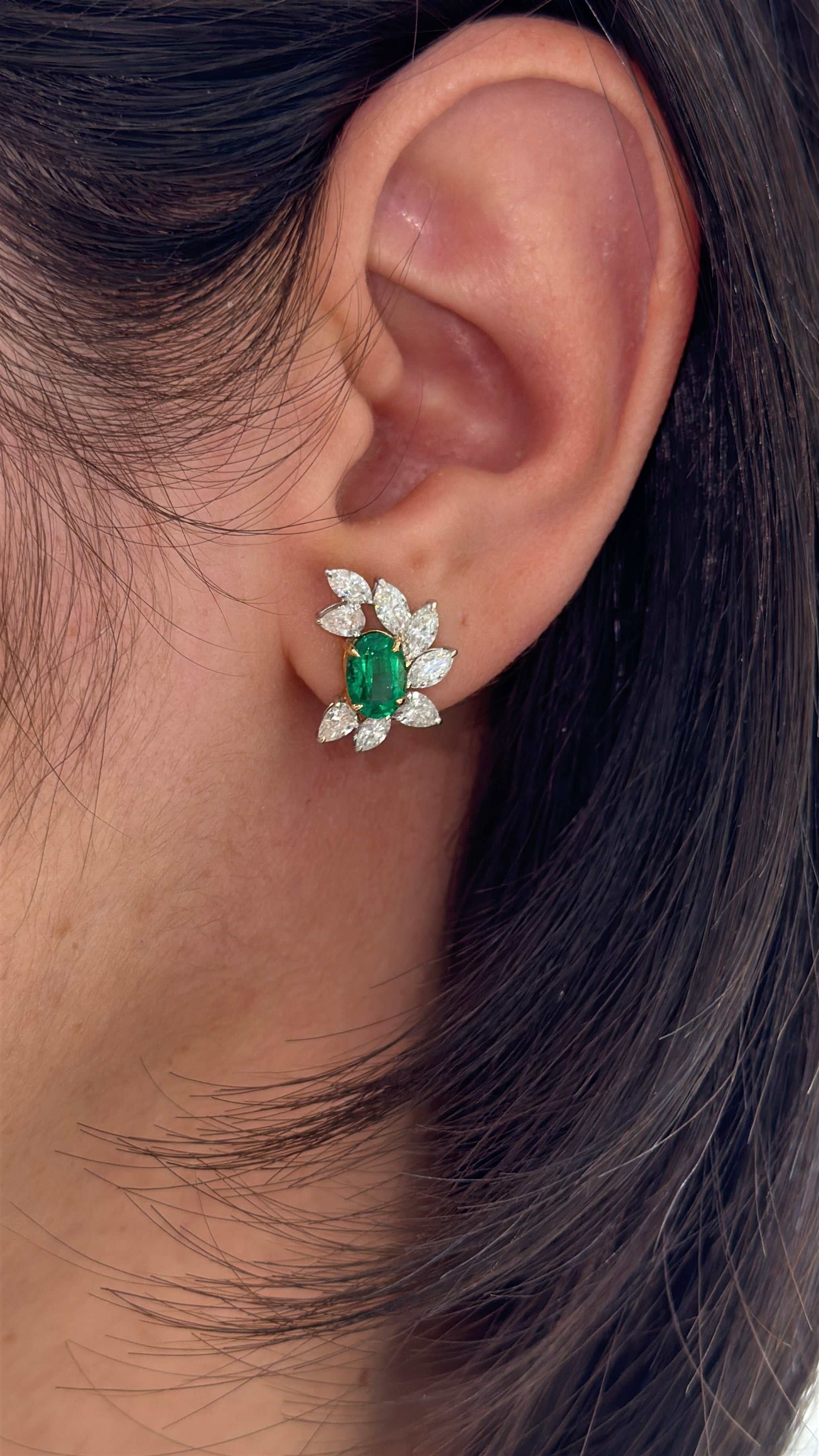 Oval emerald and diamond marquise and pear stud earrings in 18K gold, featuring 3.69tcw of gemstones from JR Colombian Emeralds.