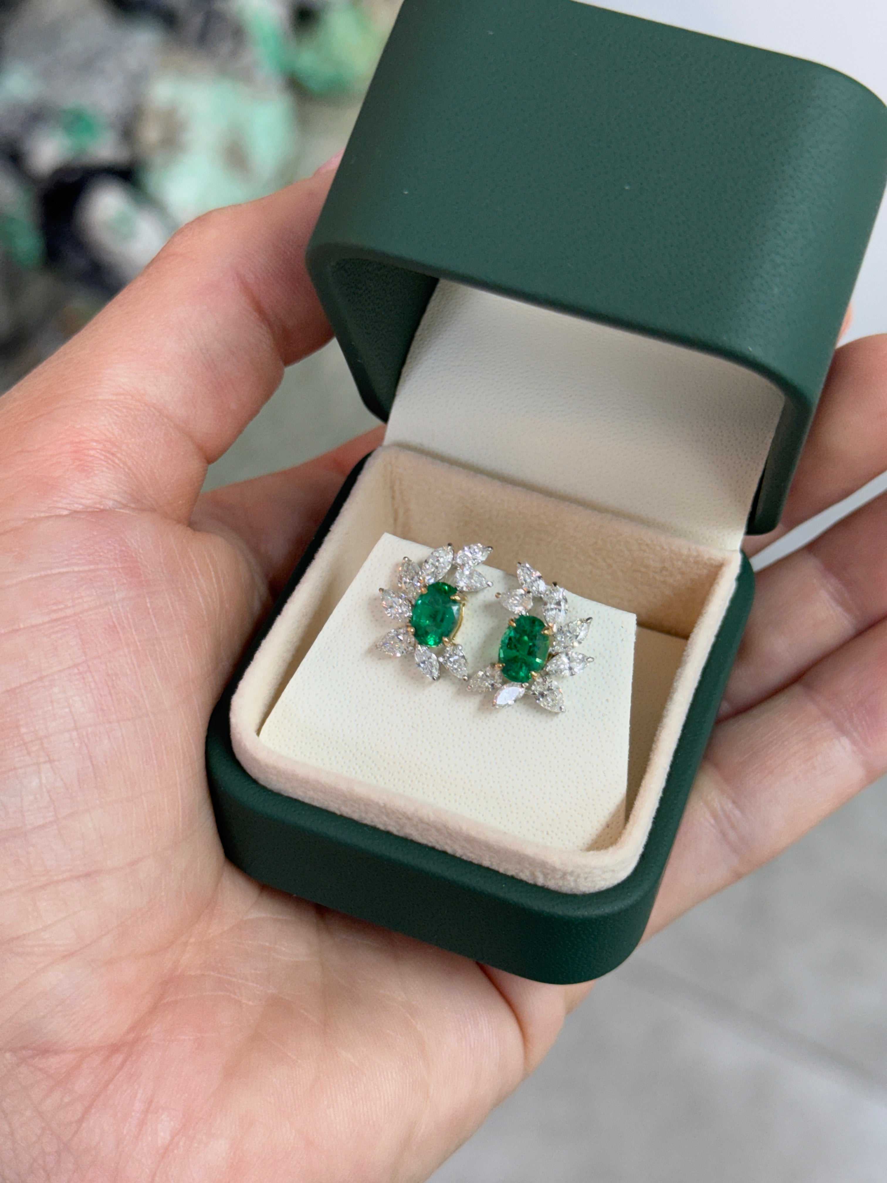 Oval emerald and diamond marquise and pear-shaped stud earrings in 18K gold by JR Colombian Emeralds.
