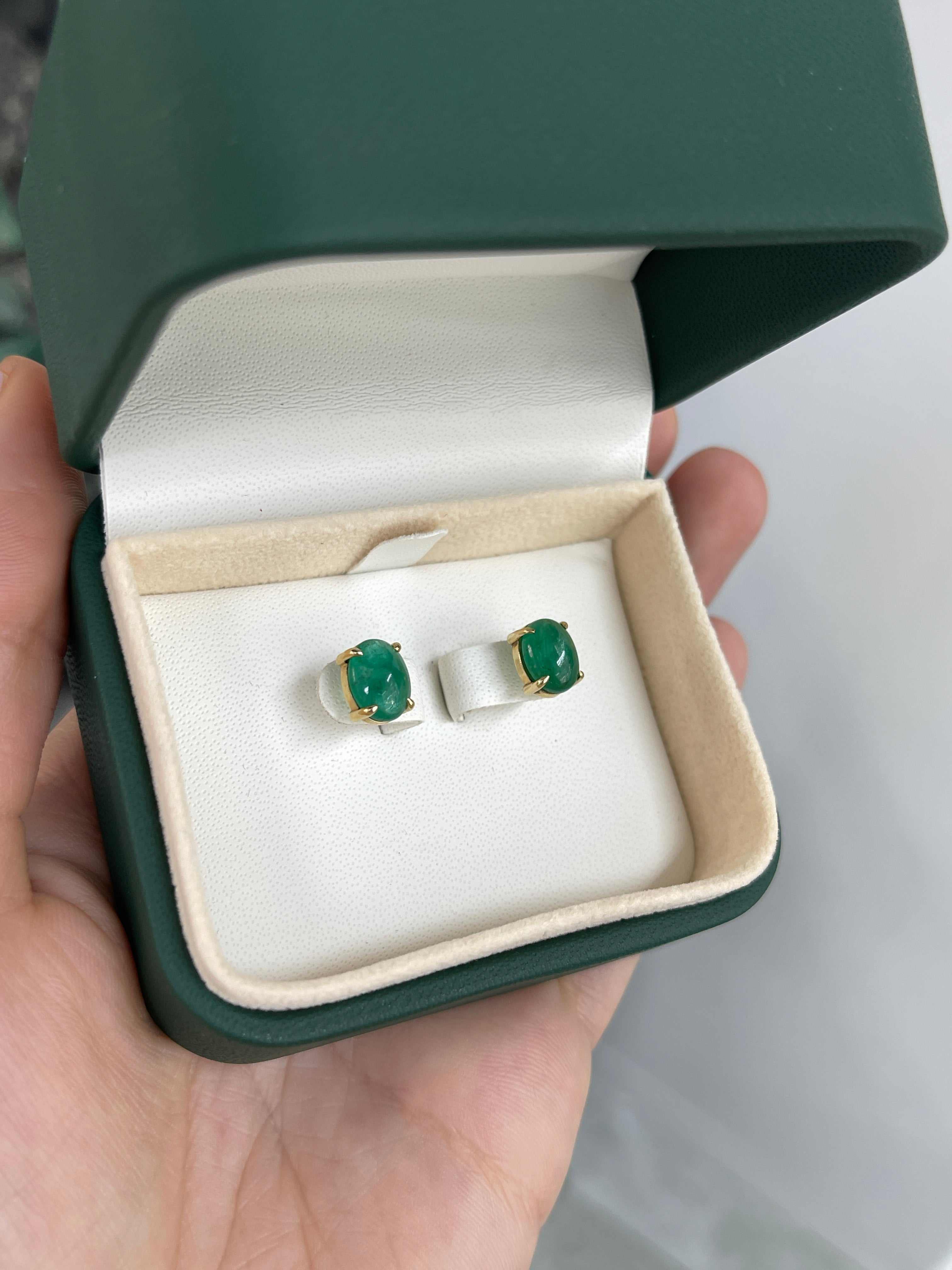 3.69tcw Solitaire Natural Emerald Cabochon Studs 14K Yellow Gold