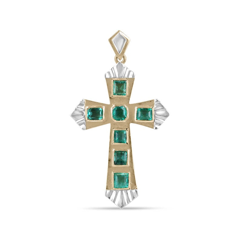 Unisex emerald cross pendant with 2.55ctw 18K yellow and white gold, featuring vibrant green Colombian emeralds.