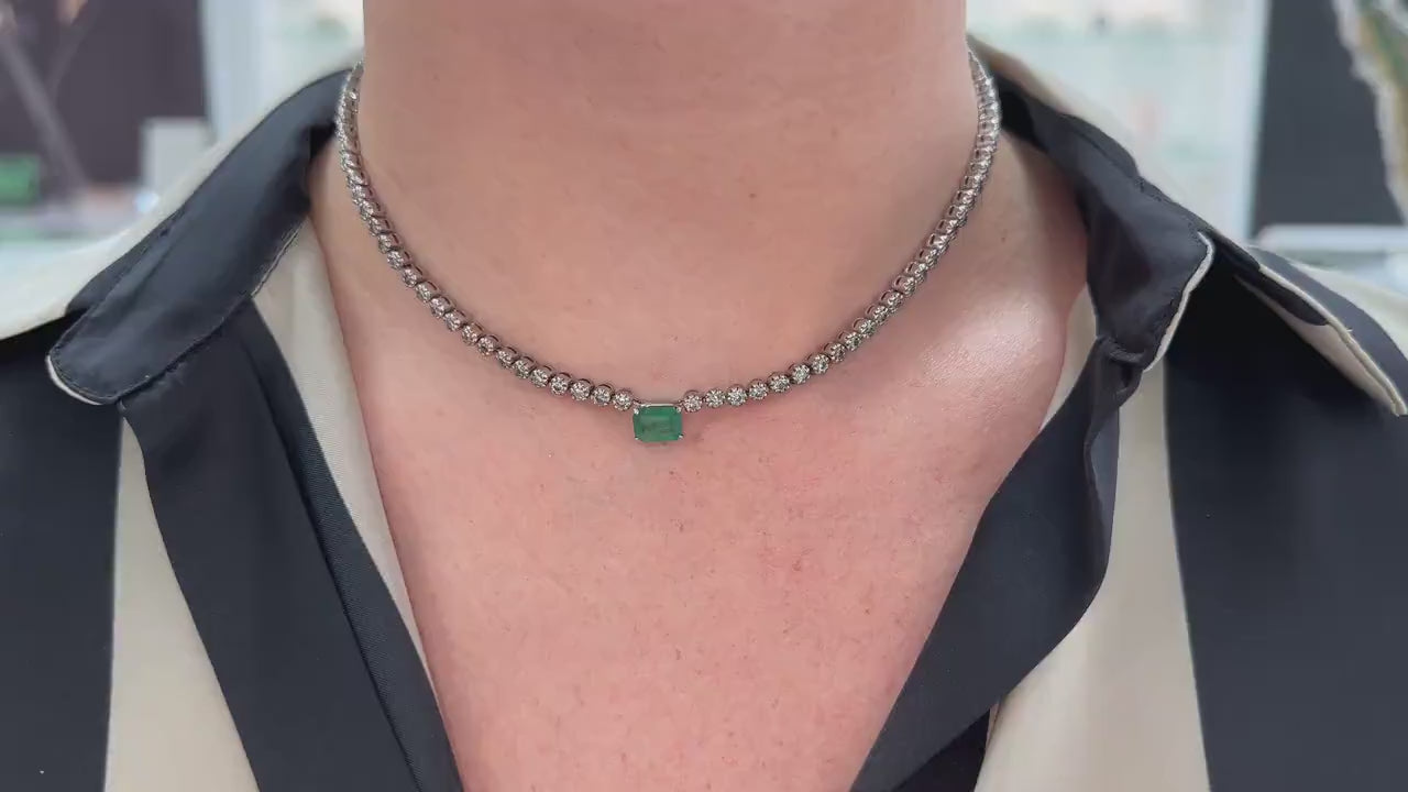 5.11tcw 14K White Gold Dark Green Emerald & Diamond Vintage Choker 8 Prong Tennis Necklace