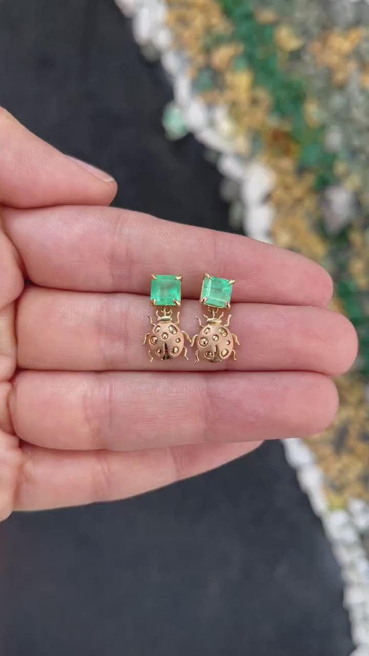 2.0tcw 14K Medium Green Emerald Asscher Cut & Rose Gold Lady Bug Dangle Earrings