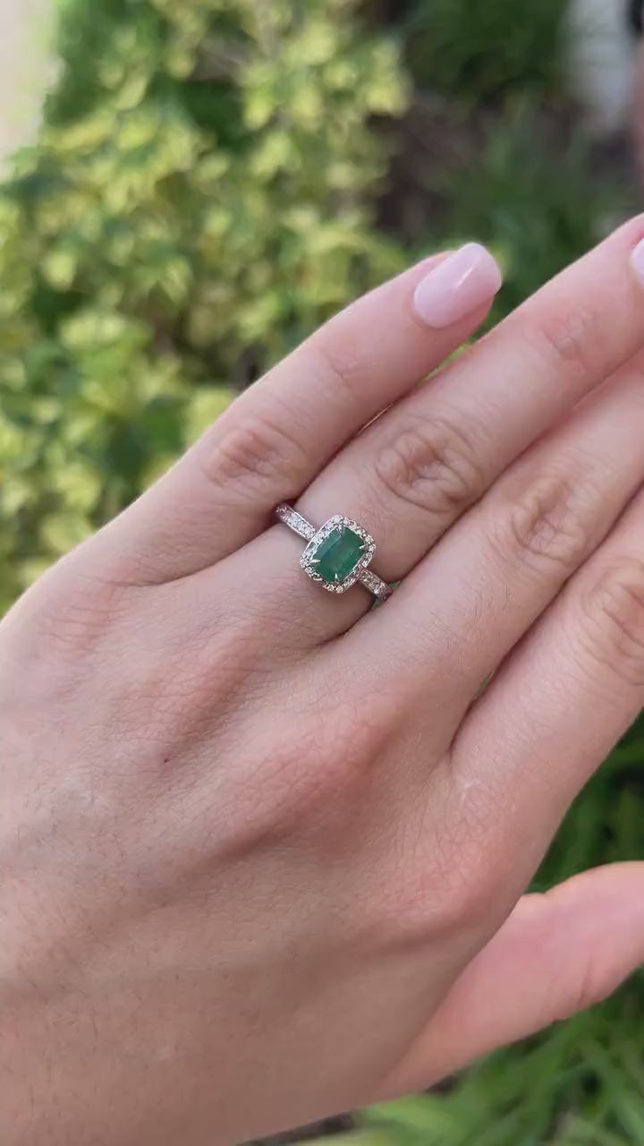 1.20tcw 14K White Gold Lush Green Vintage Inspired Floral Emerald Cut & Diamond Accent Engagement Ring