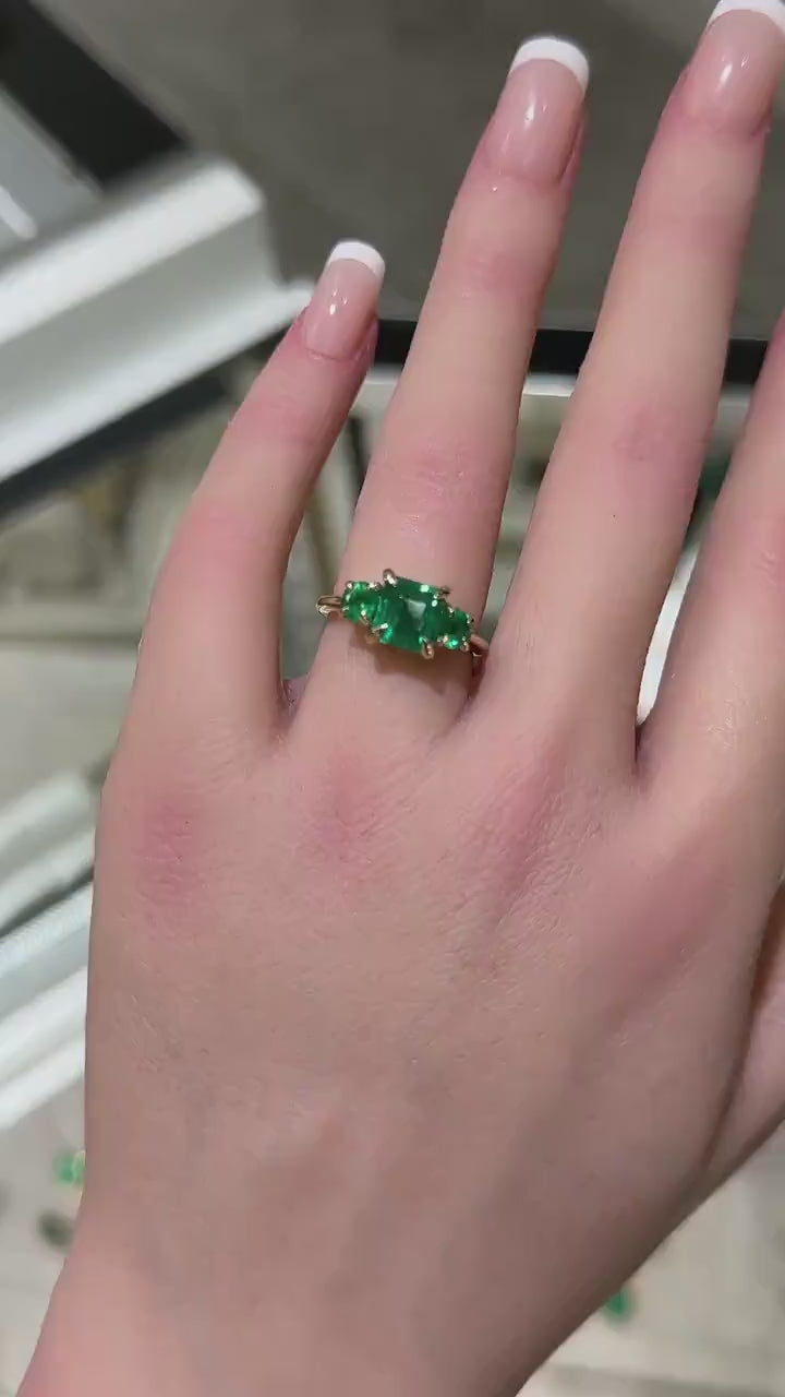 Elegant 3 Stone Claw Prong Ring Featuring 14K Asscher and Round Cut Emeralds totaling 3.01tcw