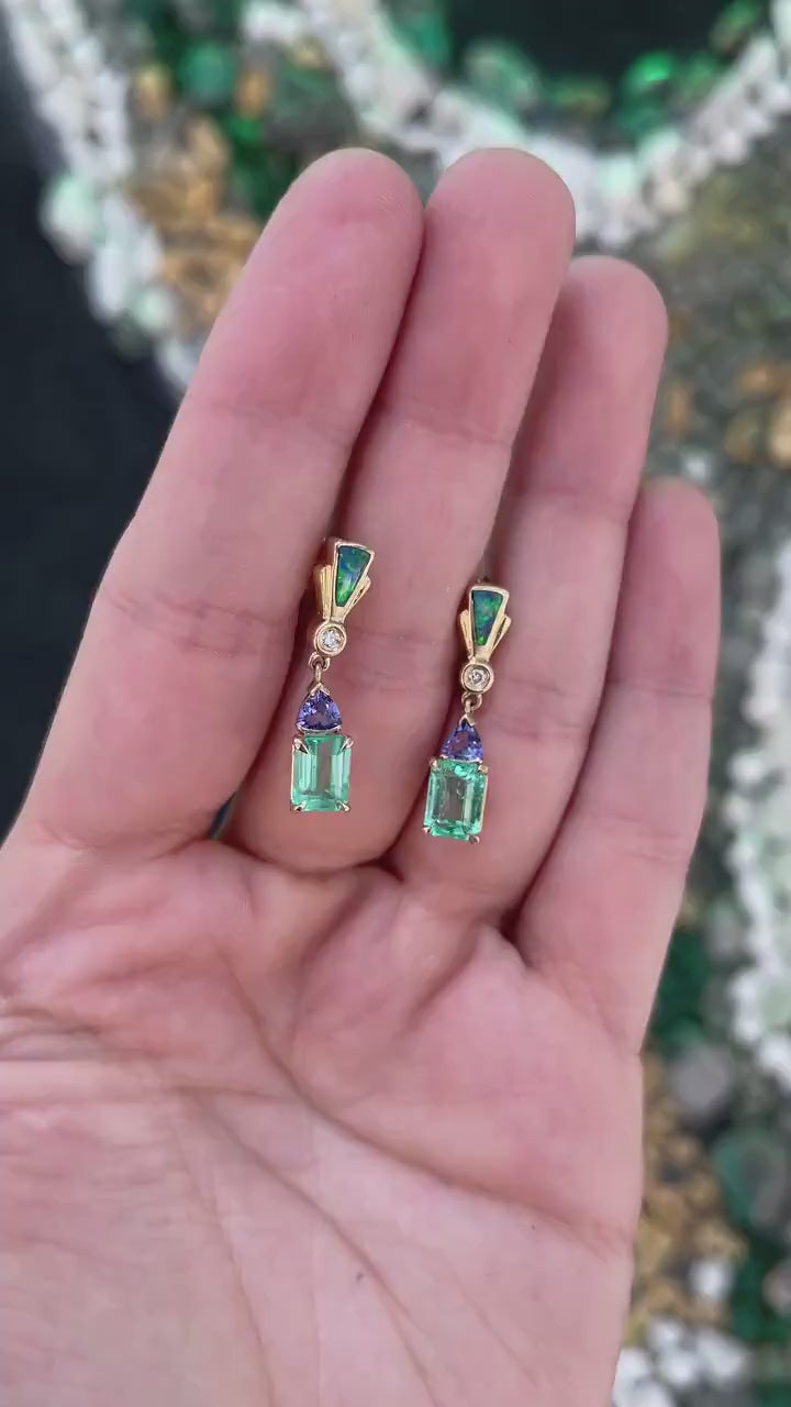 Dazzling Trillion Cut Tanzanite Dangle Earrings in 14K Gold with Emerald, Diamond, and Opal Accents