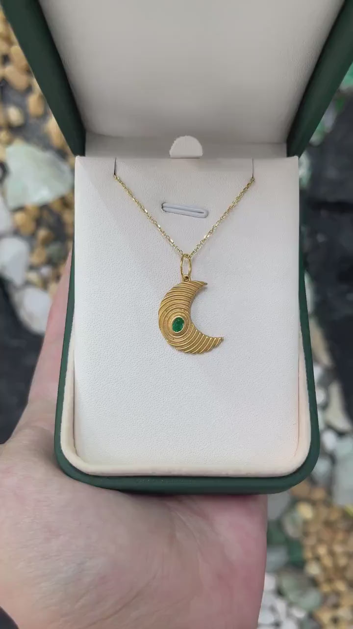 Textured 14K Gold Emerald Half Moon Necklace, Oval Cut Moon Pendant